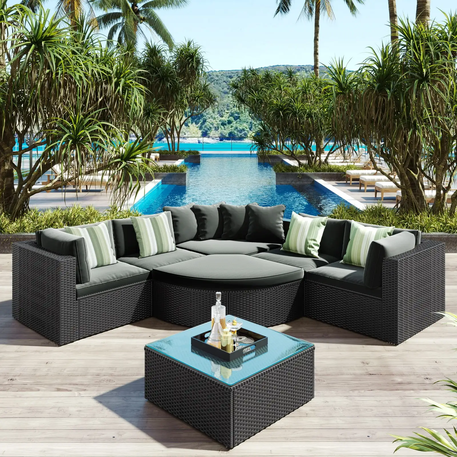 7-piece Outdoor Wicker Sofa Set. Rattan Sofa Lounger. With Striped Green Pillows. Conversation Sofa. For Patio. Garden. Deck. Gray Wicker. Gray Cushion