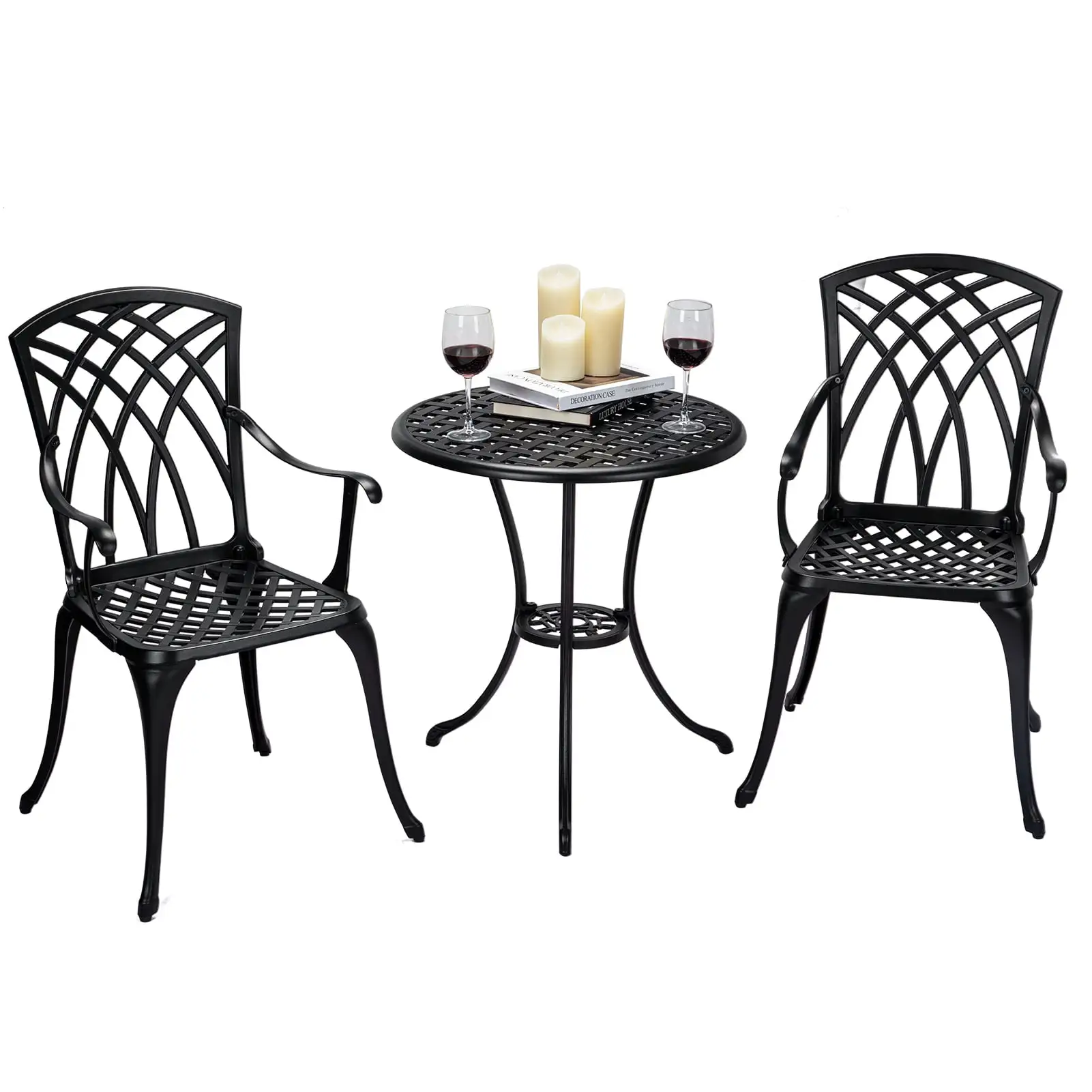 3 Piece Outdoor Bistro Table and Chairs Set. Cast Aluminum Set with Umbrella Hole for Patio Garden.Backyard. Balcony. Black