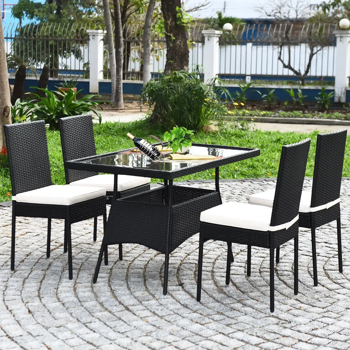 Topbuy 5 Pieces Patio Dining Set Rattan Wicker Chairs and Table with Glass Top