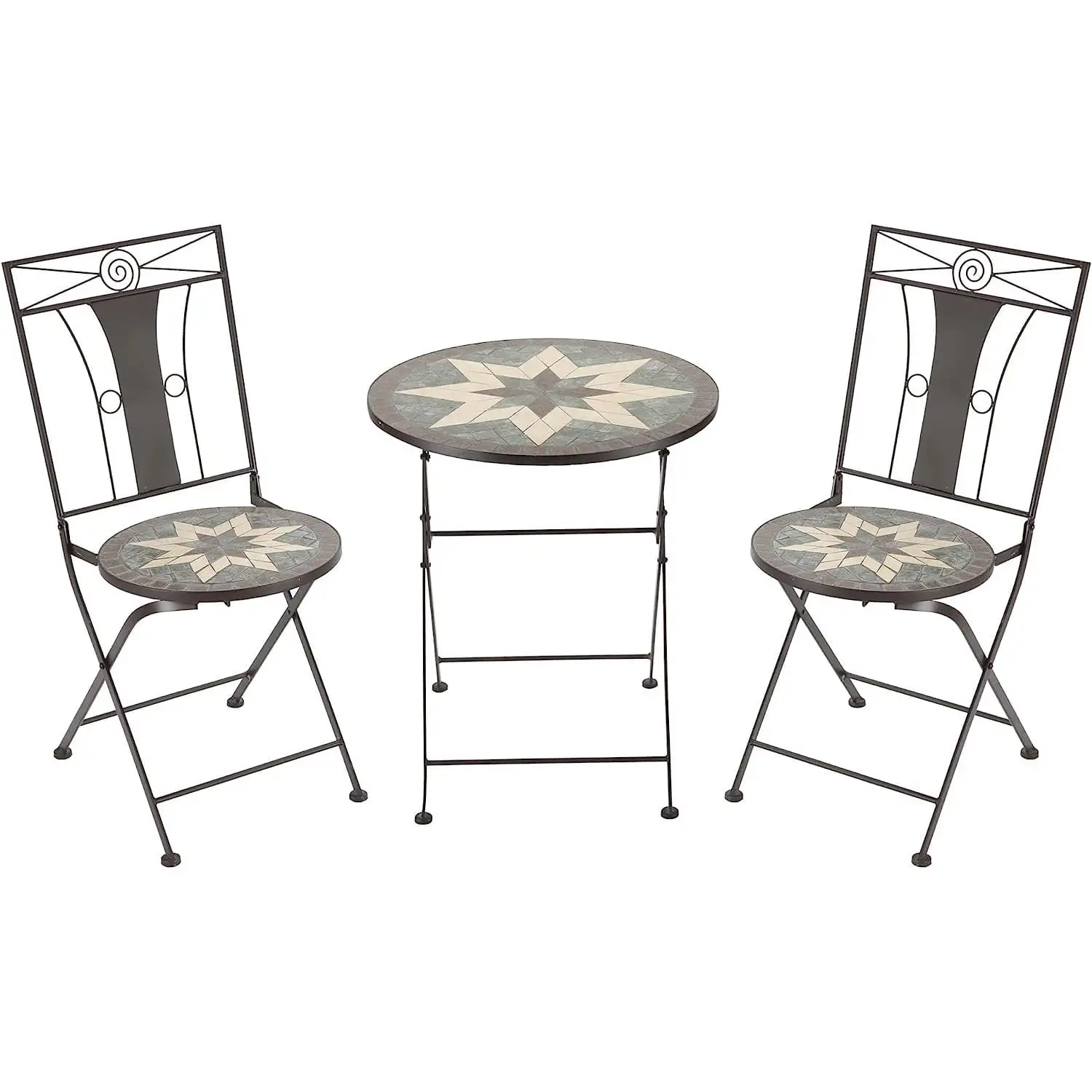 HElectQRIN 3 Piece Outdoor Patio Dining Bistro Set. 2 Folding Chairs. 8 Pointed Star Mosaic Folding Center Table for Garden. Poolside. Porch