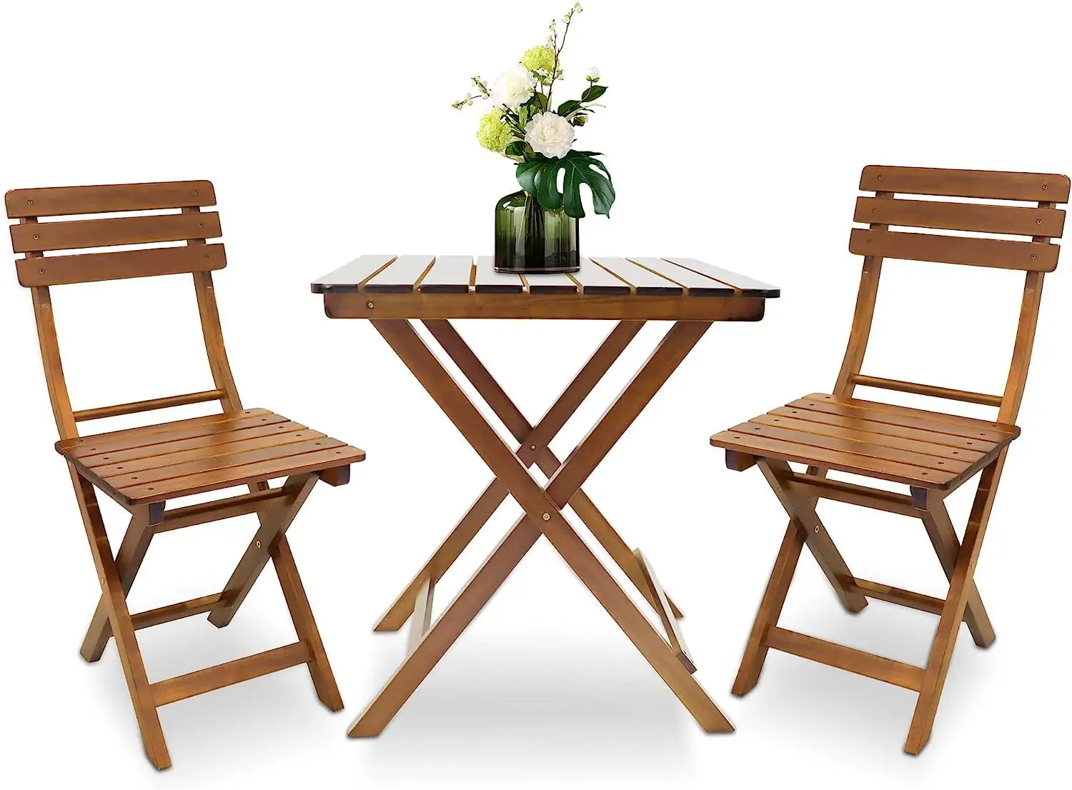 3-Piece Wood Bistro Set. Outdoor Patio Furniture Set Folding Table and Chairs. 2 Chairs and Square Table for Outdoor and Indoor. Garden. Pool. Backyard. Balcony. Porch