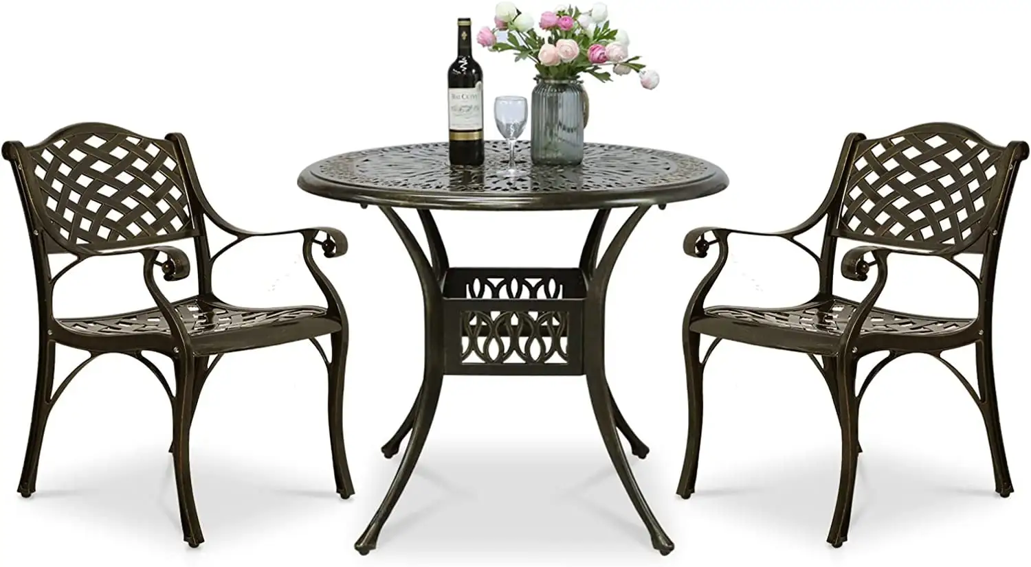 VIVIJASON 3-Piece Patio Furniture Dining Set. All-Weather Cast Aluminum Outdoor Bistro Set. Include 2 Chairs and 35.2 Round Table w/Umbrella Hole for Balcony. Lawn. Garden. Backyard