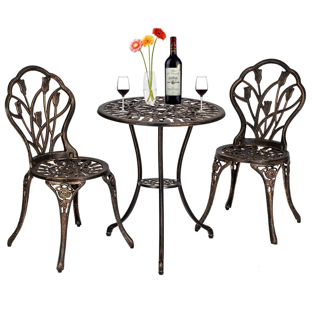 Yesfashion 3pcs/set Tulip Bistro Set European Style Cast Aluminum Bronze Color Outdoor 2pcs Chairs 1pc Round Table