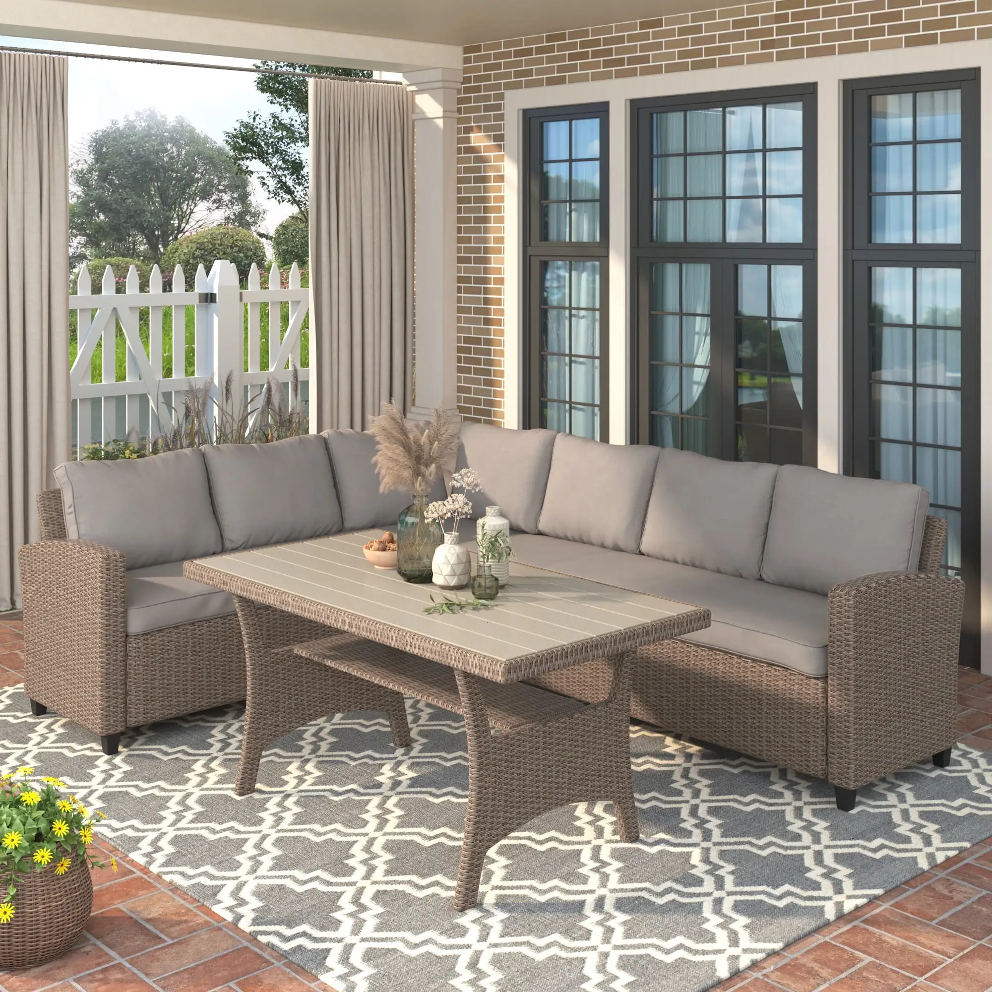 3-Piece PE Wicker Patio Conversation Set . Weatherproof Outdoor Patio Sectional Sofa Furniture with Dining Table. Soft Cushions. Brown+Light Brown