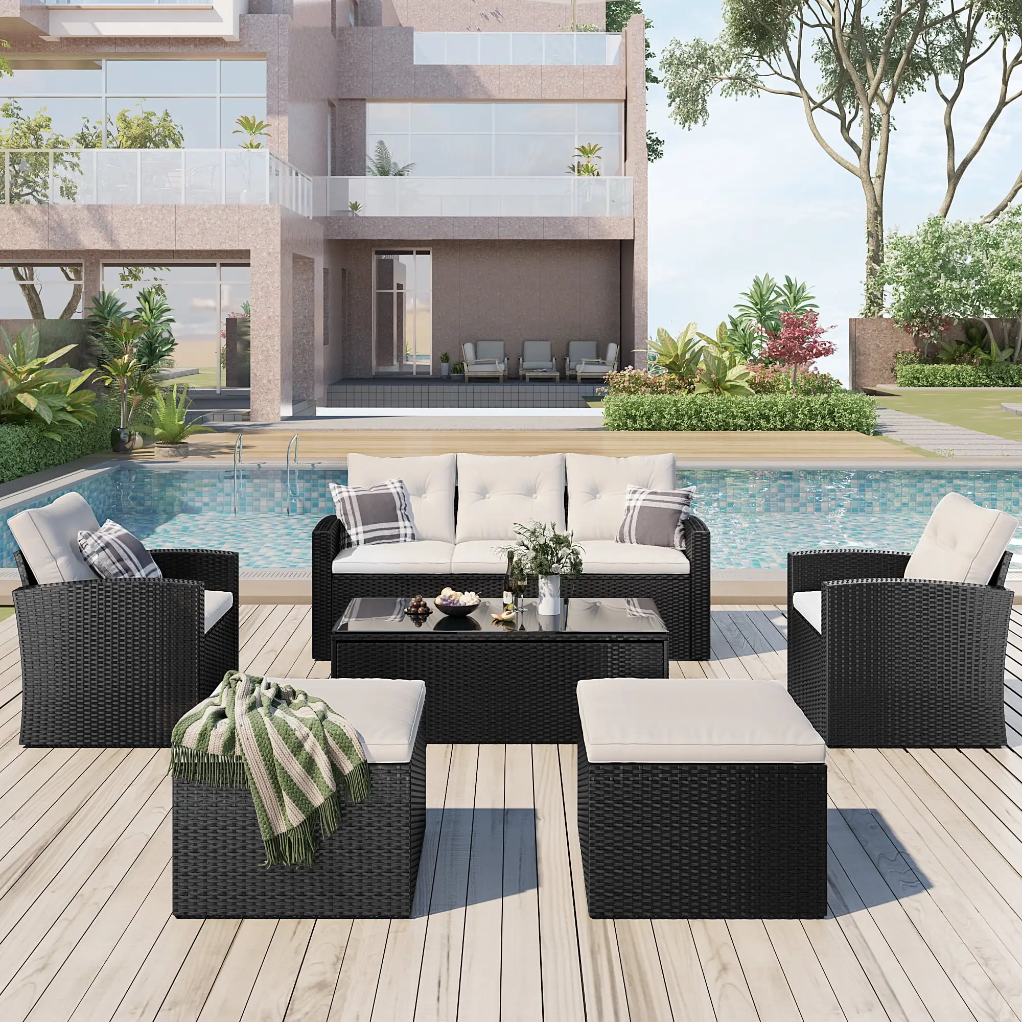 6-piece All-weather Wicker Pe Rattan Patio Outdoor Dining Conversation Sectional Set with Coffee Table. Wicker Sofas. Ottomans. Removable Cushions