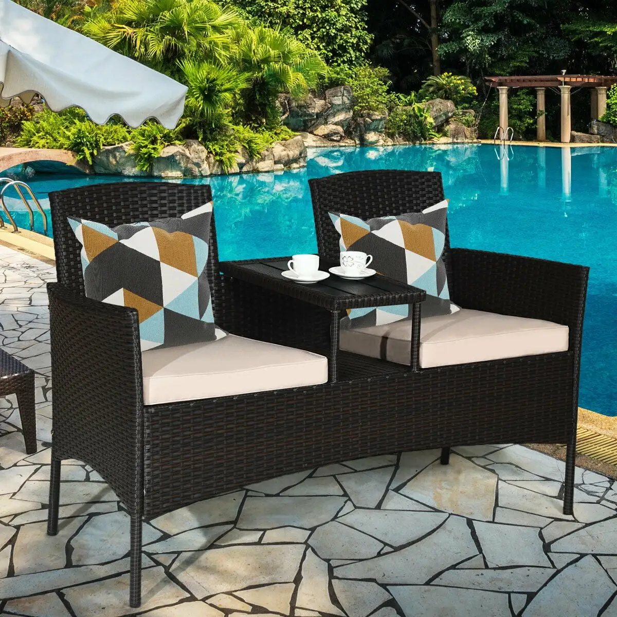 1-Piece Rattan Double Seat Patio Conversation Set Garden Loveseat Sofa With White Cushions