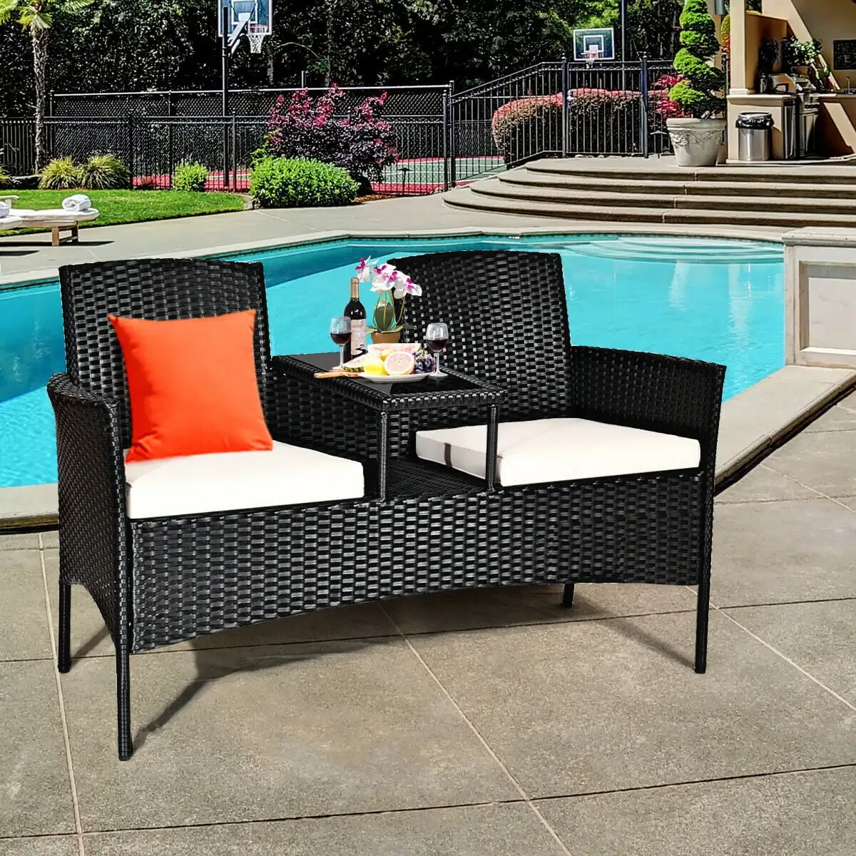 1-Piece Rattan Sofa Set Black Steel Frame Patio Conversation Set Seat Sofa With White Cushions