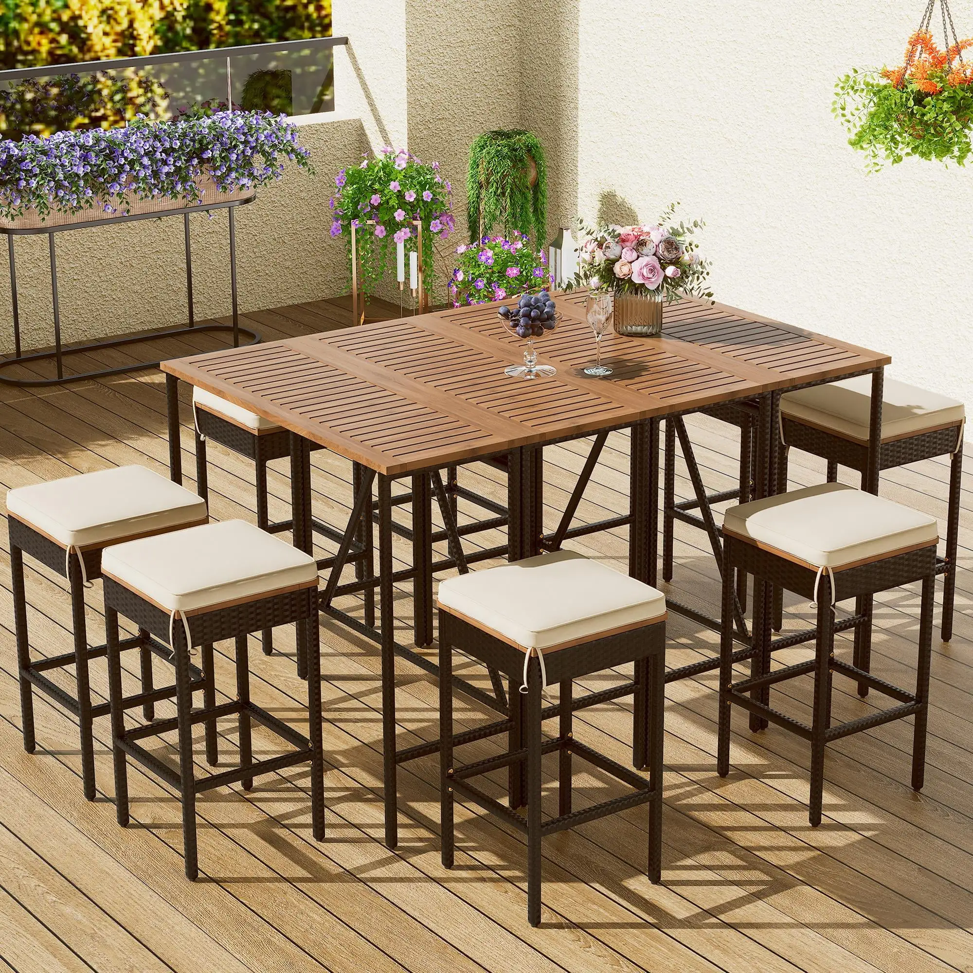 10 Piece Outdoor Dining Table Set. Sesslife Black Rattan Patio Furniture Dining Table with 8 Stools. Lawn Garden Balcony Bar Conversation Set. TE3105