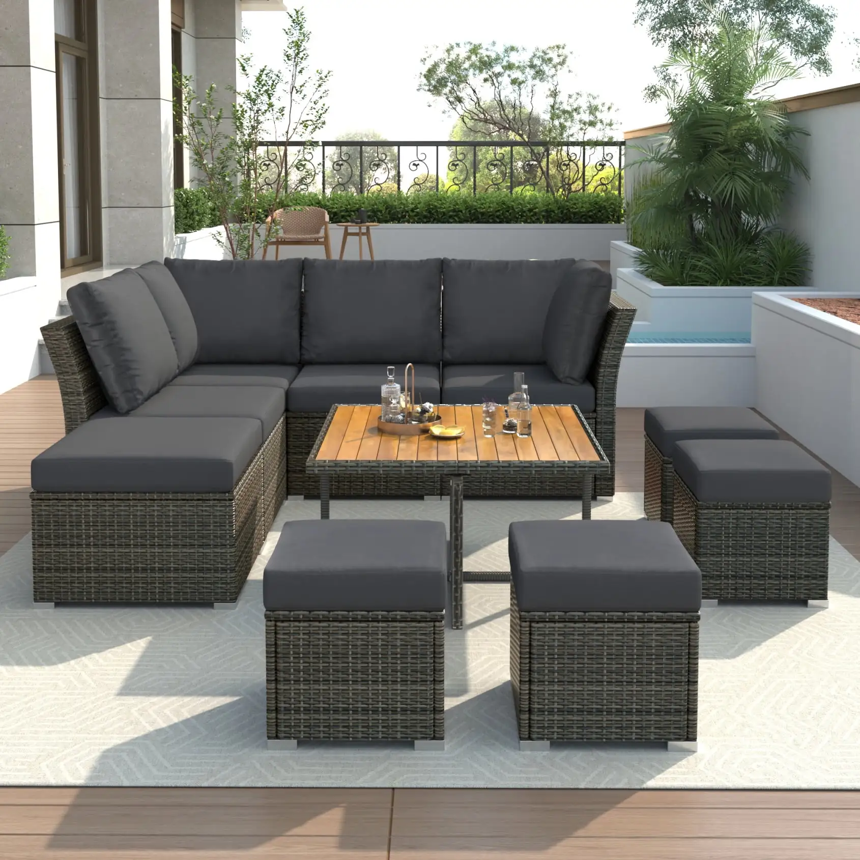 10 Piece Patio Furniture Set. Outdoor Rattan Wicker Sectional Sofa Set with Side Table and 5 Ottomans. Solid Wood Table Top. Patio Conversation Set with Thicked Cushions. Grey