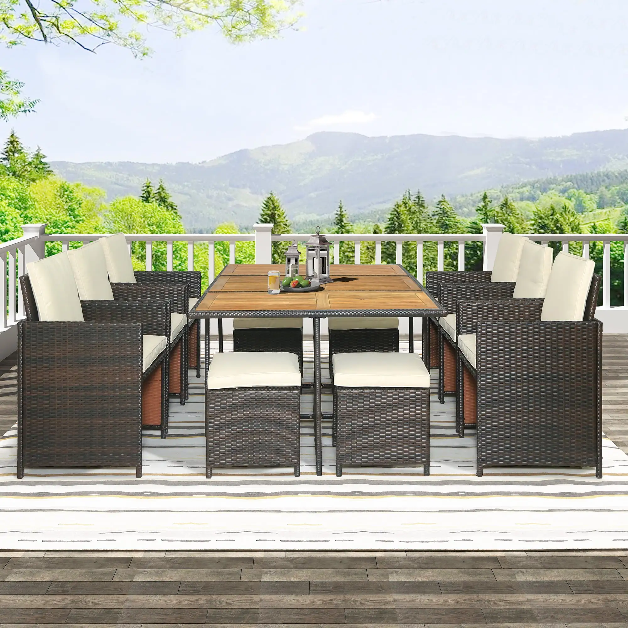 11 PCS Outdoor Furniture Set. Wicker Patio Dining Sets with Tempered Glass Coffee Table and 8 Cushioned Seat. Rattan Table and Chairs Conversation Set. LJ3955