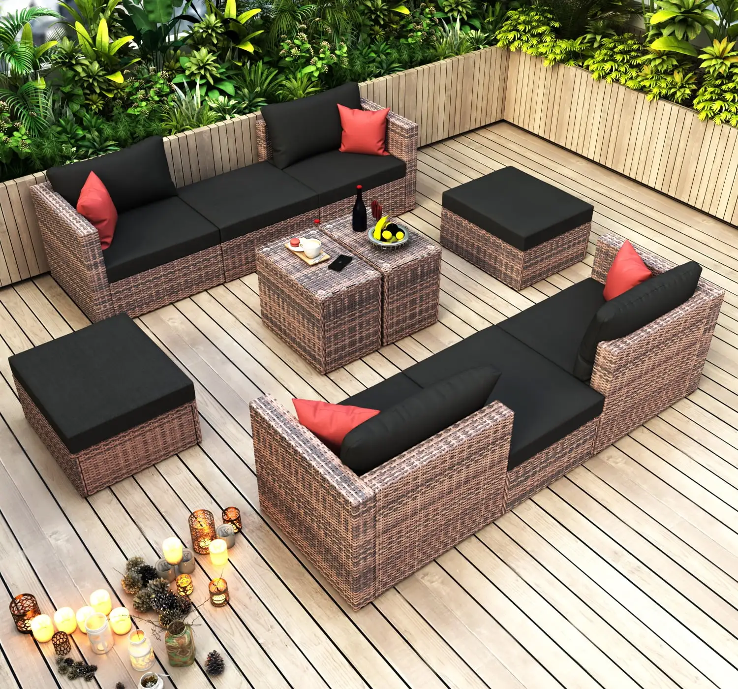 10 Pieces Outdoor Patio Garden Brown Wicker Sofa Set. Sectional Conversation Sofa Set with Black Cushions. Red Pillows. and Furniture Protection Cover