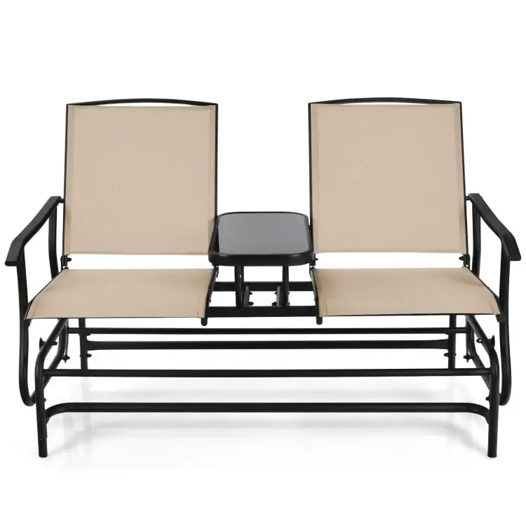 Spaco 2-Person Double Rocking Loveseat with Mesh Fabric and Center Tempered Glass Table