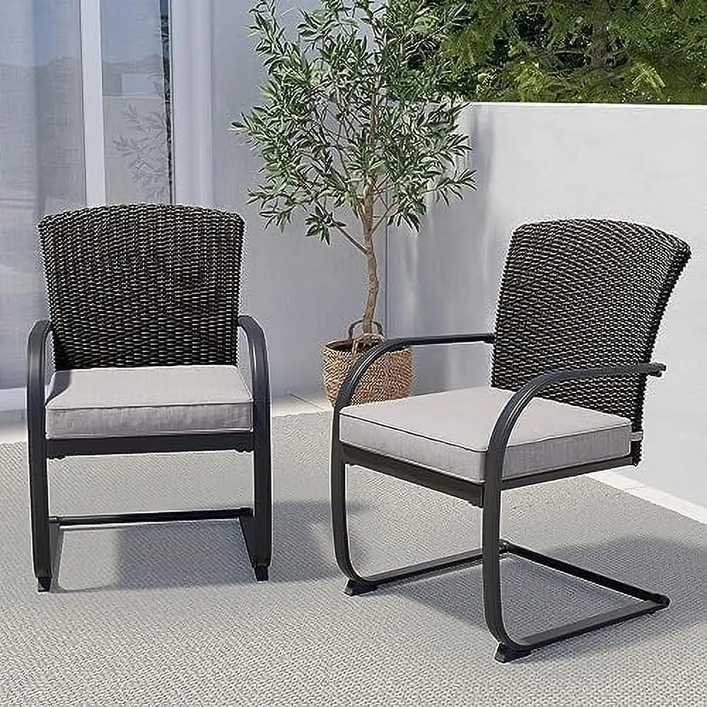 2-Piece Dining Wicker Chair Outdoor Conversation Set with Cushions C-Spring Rocker Lounge Chair Set of 2 Steel Frame for Yard Garden Backyard Deck Bistro-Grey