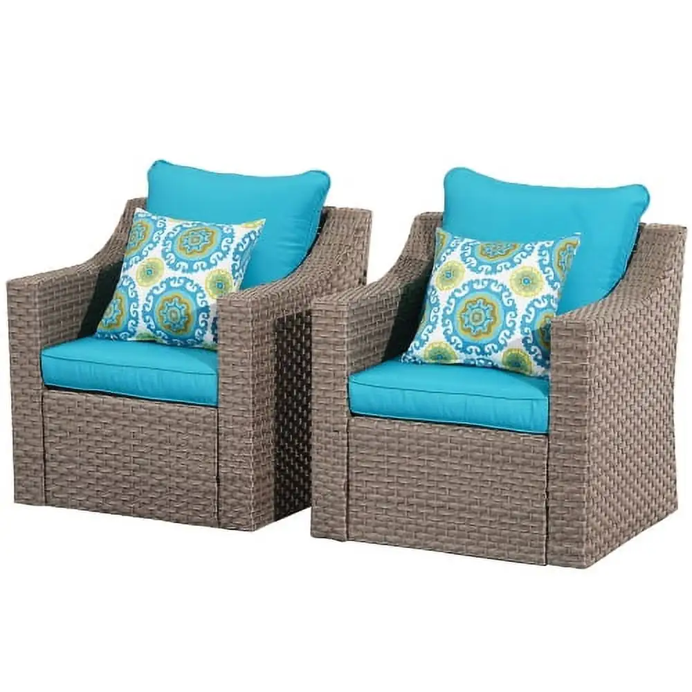 2 Piece Patio Conversation Furniture Set - 2 Wicker Single Chair Outdoor Sofa with Washable Cushions for Backyard Balcony Deck GardenحBlue