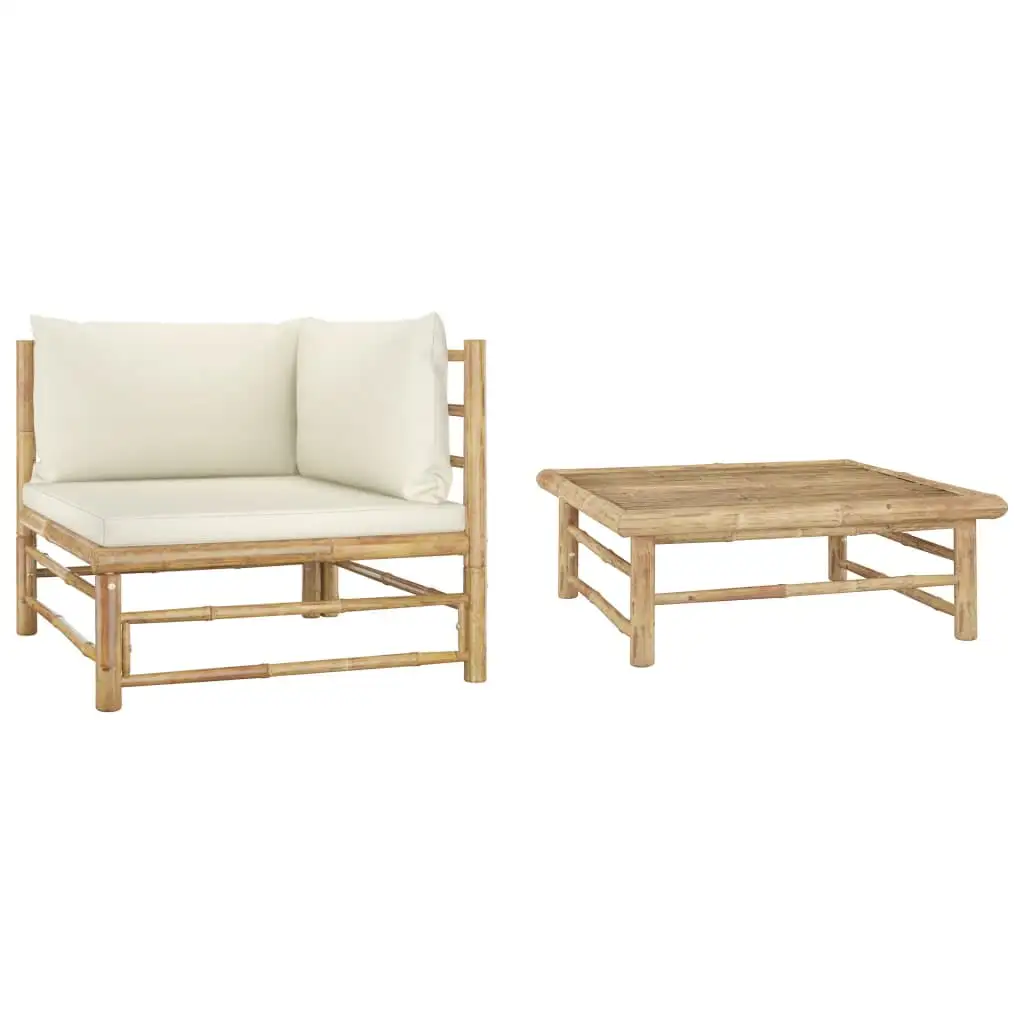 2 Piece Patio Conversation Set with Cushions. Bamboo Rattan Outdoor Lounge Chairs with Soft Cushions for Porch. Lawn-Brown Wicker (Cream White)