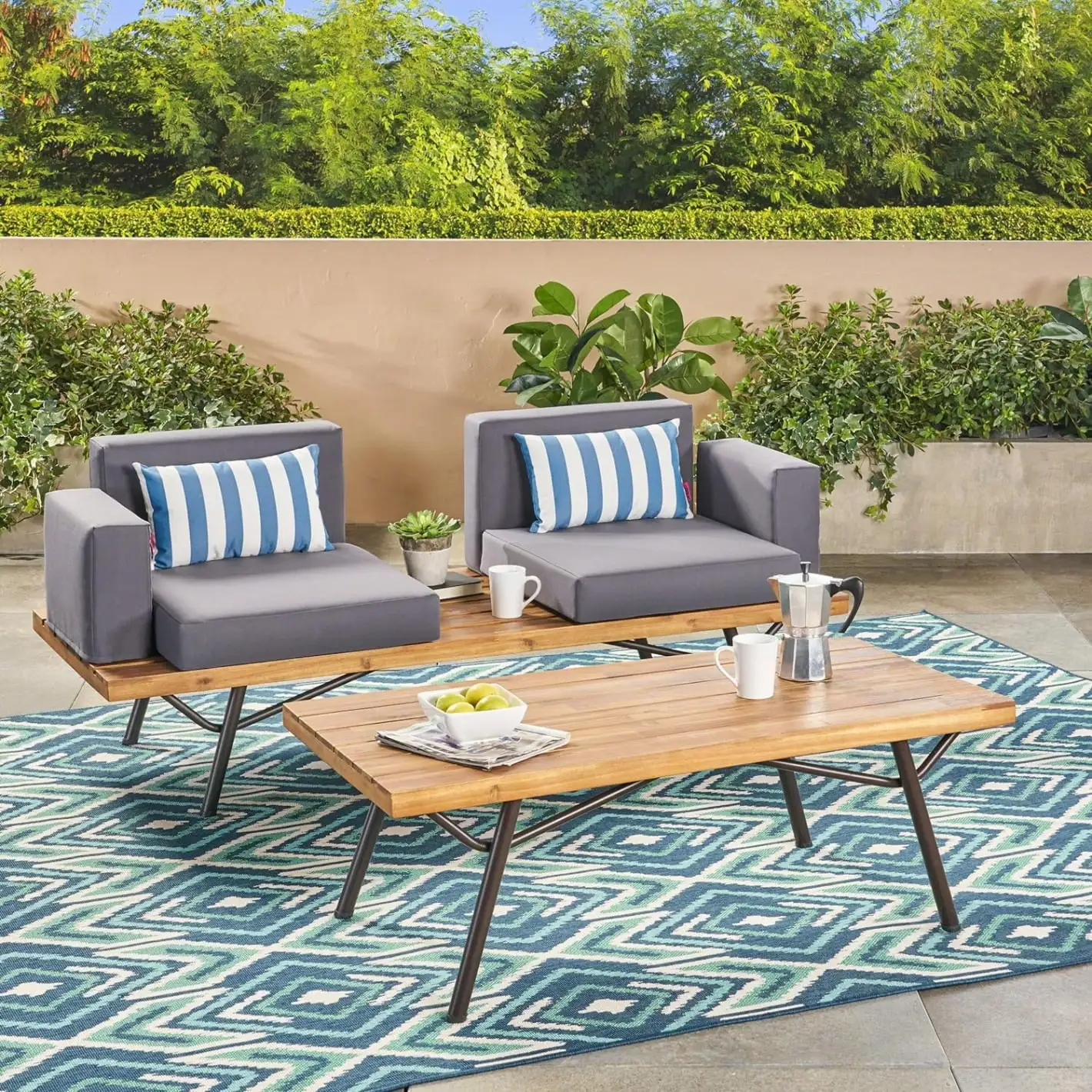 2-Piece Patio Furniture Set with Cushions. Modern Outdoor Conversation Set with Wood Table Top and Metal Legs. Industrial Loveseat with Coffee Table for Backyard Lawn Garden. Natural+Grey