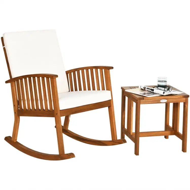 2 Pieces Acacia Wood Patio Rocking Chair Table Set. Patio Conversation Sets Garden Conversation Bistro Sets with Coffee Table. Comfortable Washable Cushions