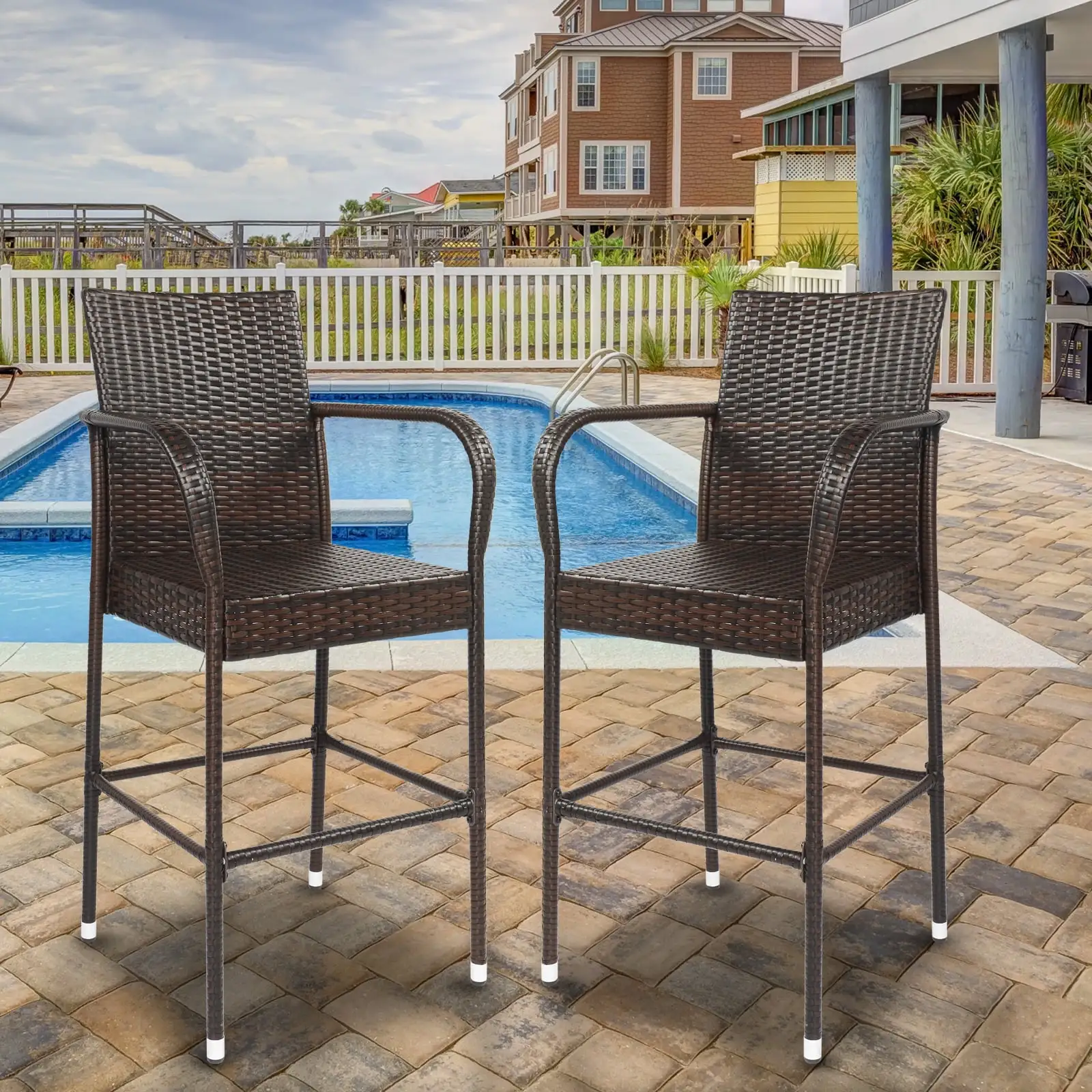 2 Pieces Outdoor Bar Stools. Modern Patio Conversation Set. Small Balcony Furniture Set. Outdoor High Chairs for Garden Backyard Poolside. JA2222