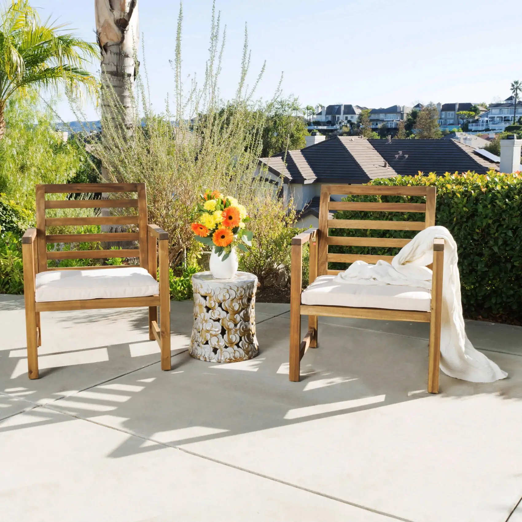 2 Pieces Outdoor Furniture Set. Modern Wood Accent Club Chairs with Cushion. Lounge Conversation Set for Patio. Backyard. Poolside. Garden. White