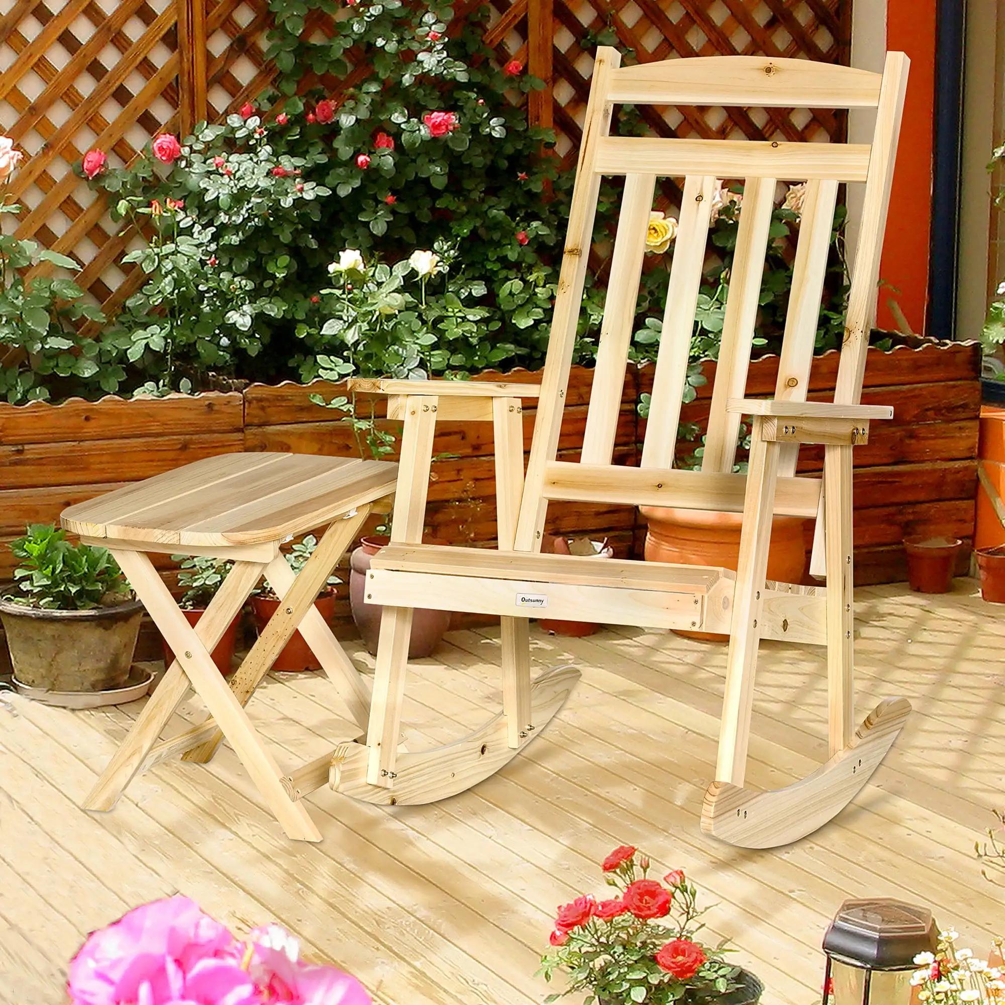 2 Pieces Wood Patio Bistro Set. Outdoor Rocking Chair Set with Armrests and High Back Rocking Chair and Portable Side Table. for Indoor. Outdoor. Patio. Backyard. Natural