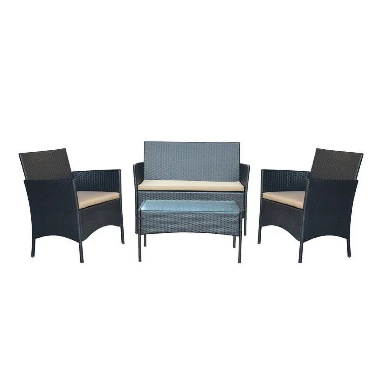 2 in. Aoife Steel Black Resin Wicker Patio Conversation Set with Tan Cushion - 4 Piece