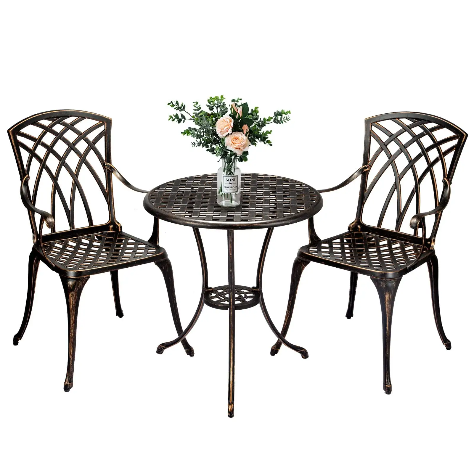 2024 New Patio Bistro Set of 3 Cast Aluminum Outdoor Set Outdoor Bistro Set for 2 with Umbrella Hole All Weather Cast Bistro Table Set for Backyard Patio Balcony or Garden