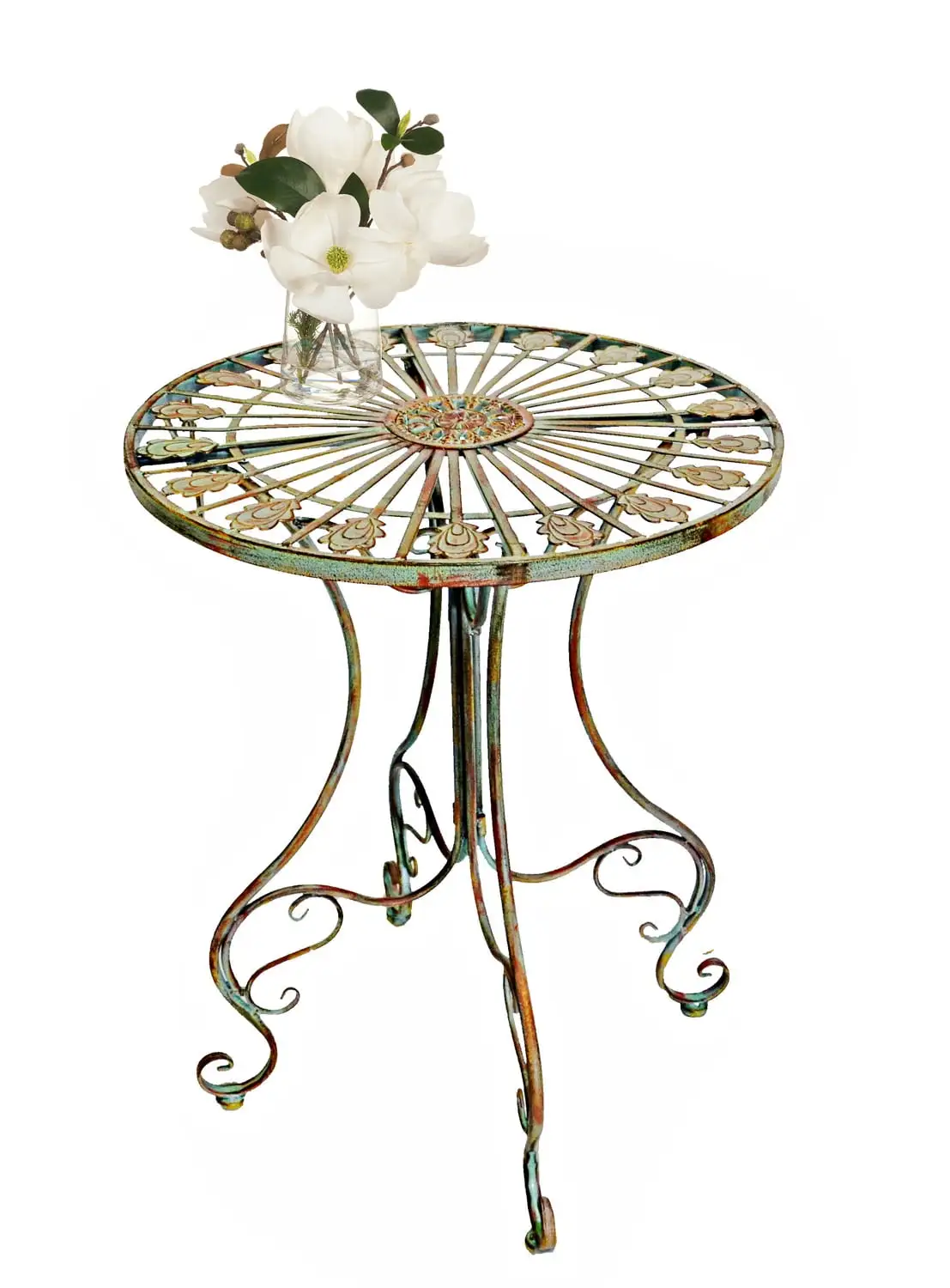 Westcharm Outdoor Metal Round Patio Bistro Table with Curved Legs with Scrolling Heart & Peacock Tail Motif. Verdigris Green