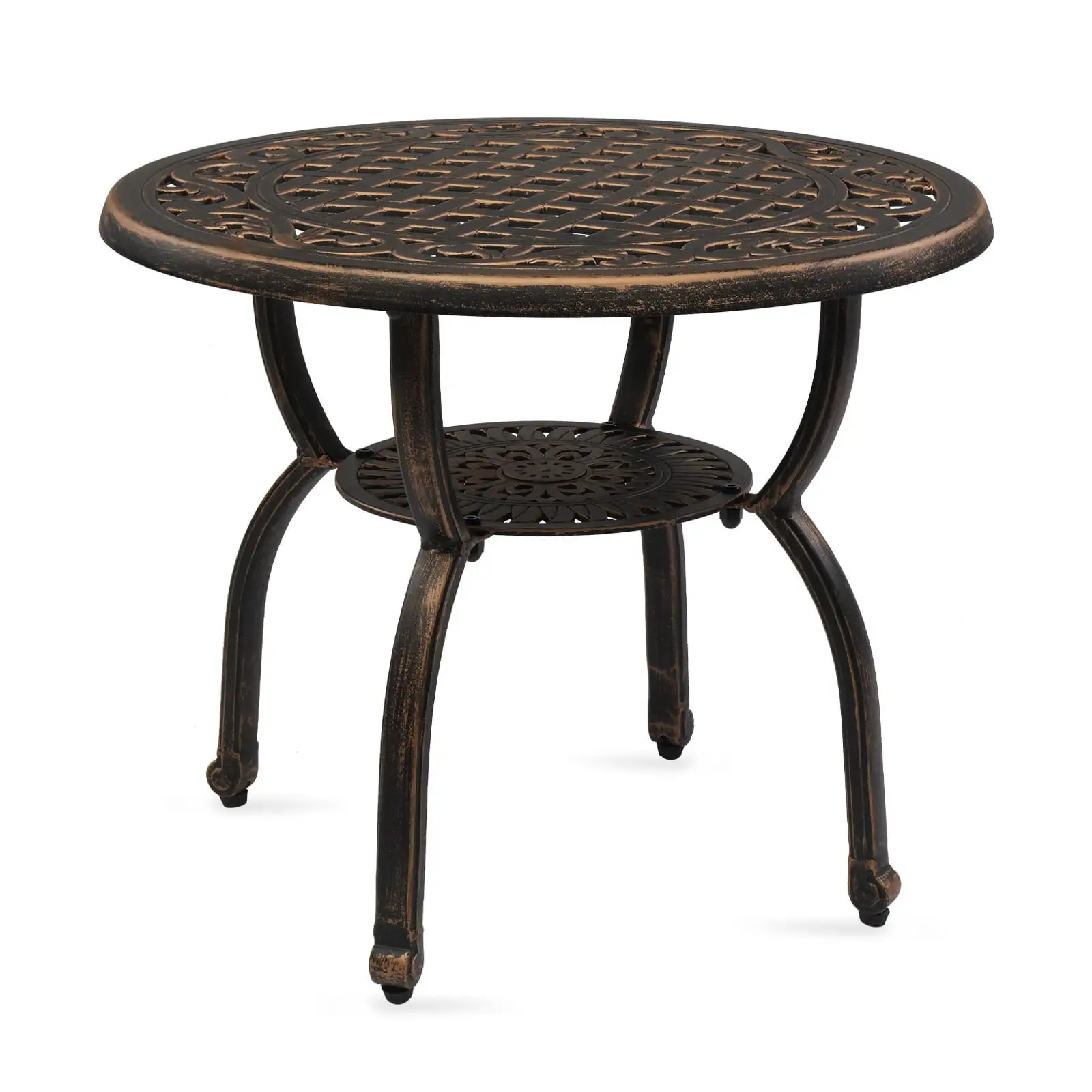 23.6 Cast Aluminum Outdoor Round Table with Storage Shelf. Round Table Patio Bistro Table. Patio Coffee Table for Indoor Garden Porch Balcony