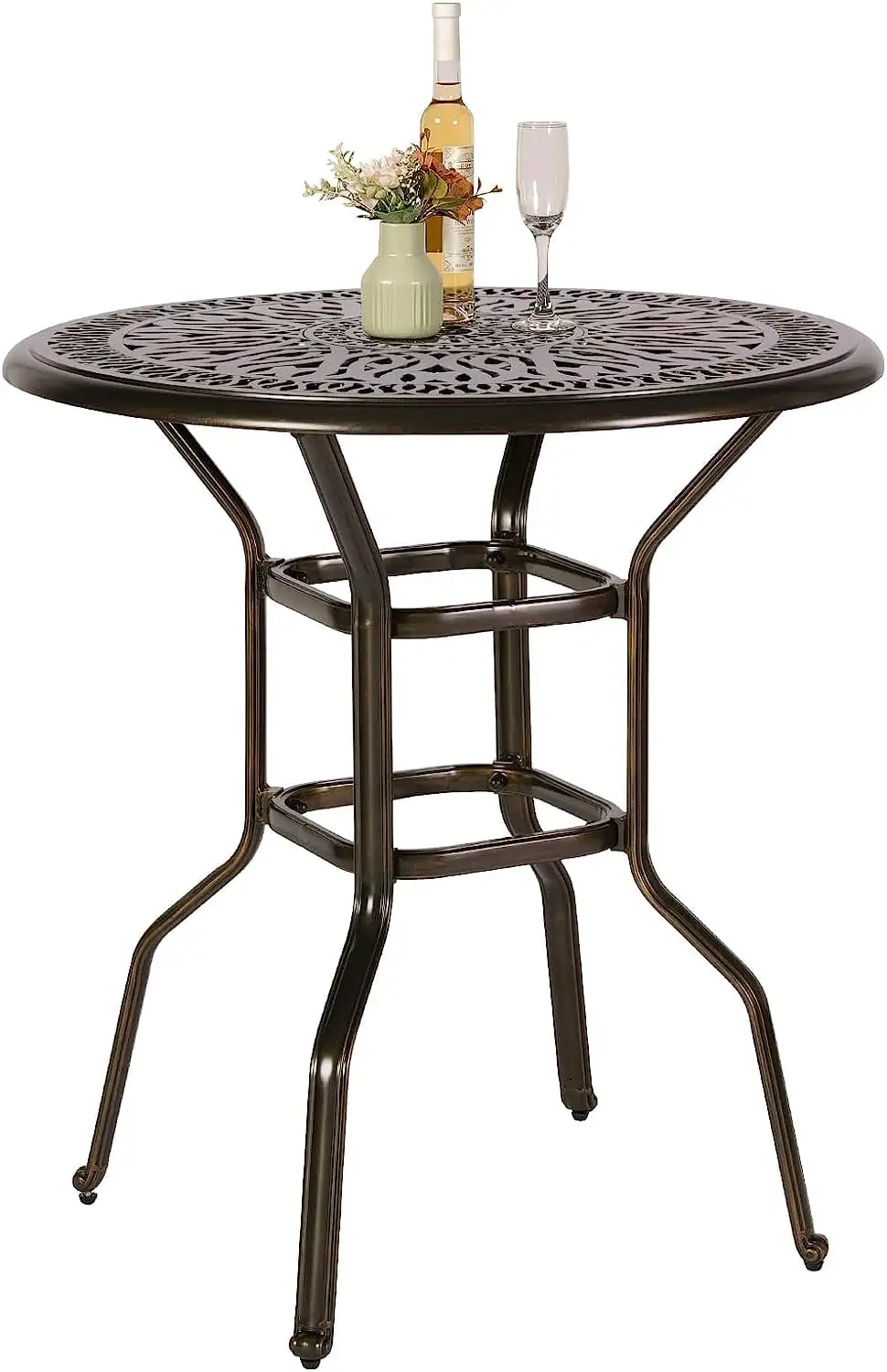 VIVIJASON 35.2 Patio Height Bar Table. All-Weather Cast Aluminum Bar Bistro Table Outdoor Patio Round Dining Table with Umbrella Hole for Balcony. Lawn. Garden. Backyard. Antique Bronze