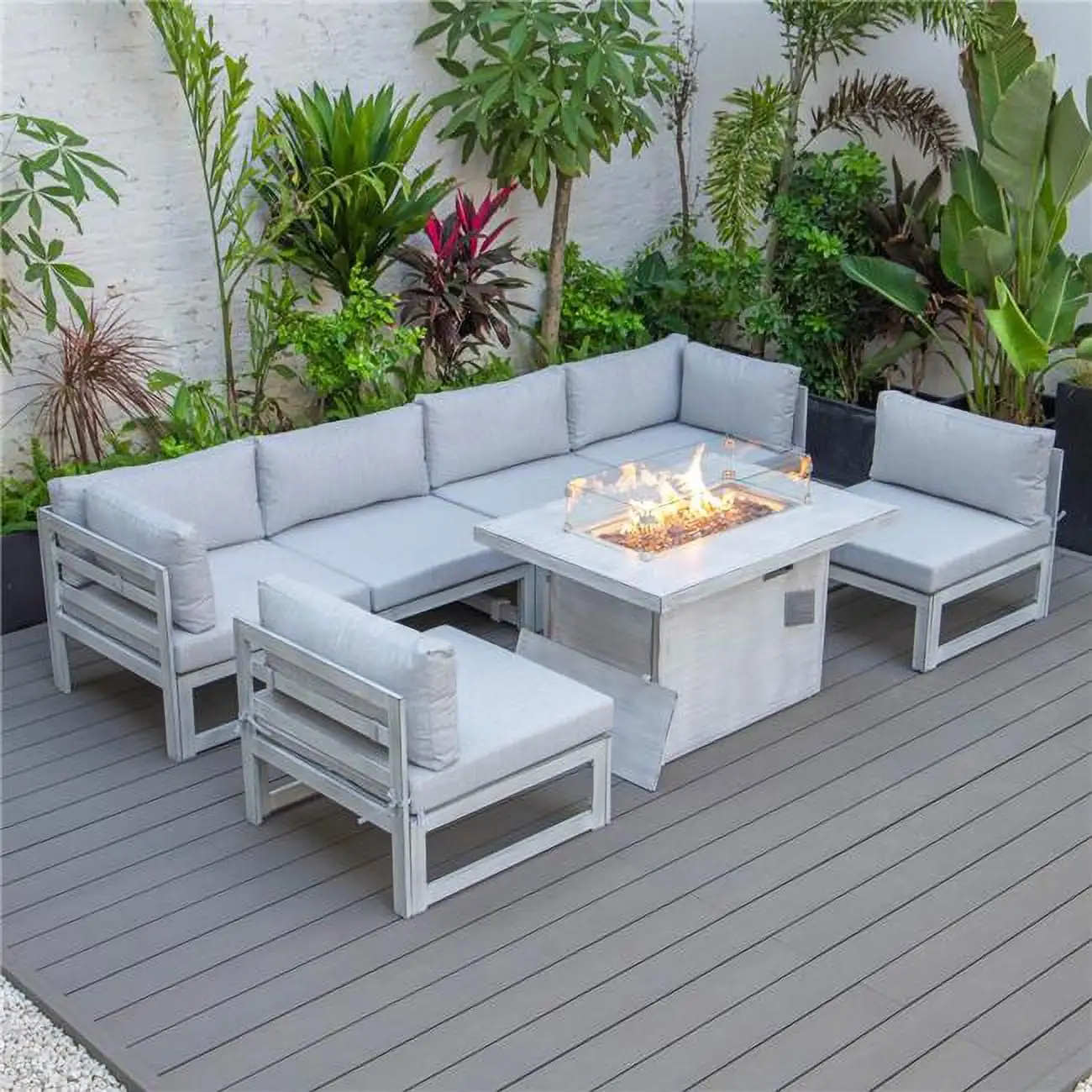 24.8 x 113.62 x 58.98 in. Chelsea Patio Aluminum Sectional & Fire Pit Table with Cushion. Light Grey & Weathered Grey - 7 Piece