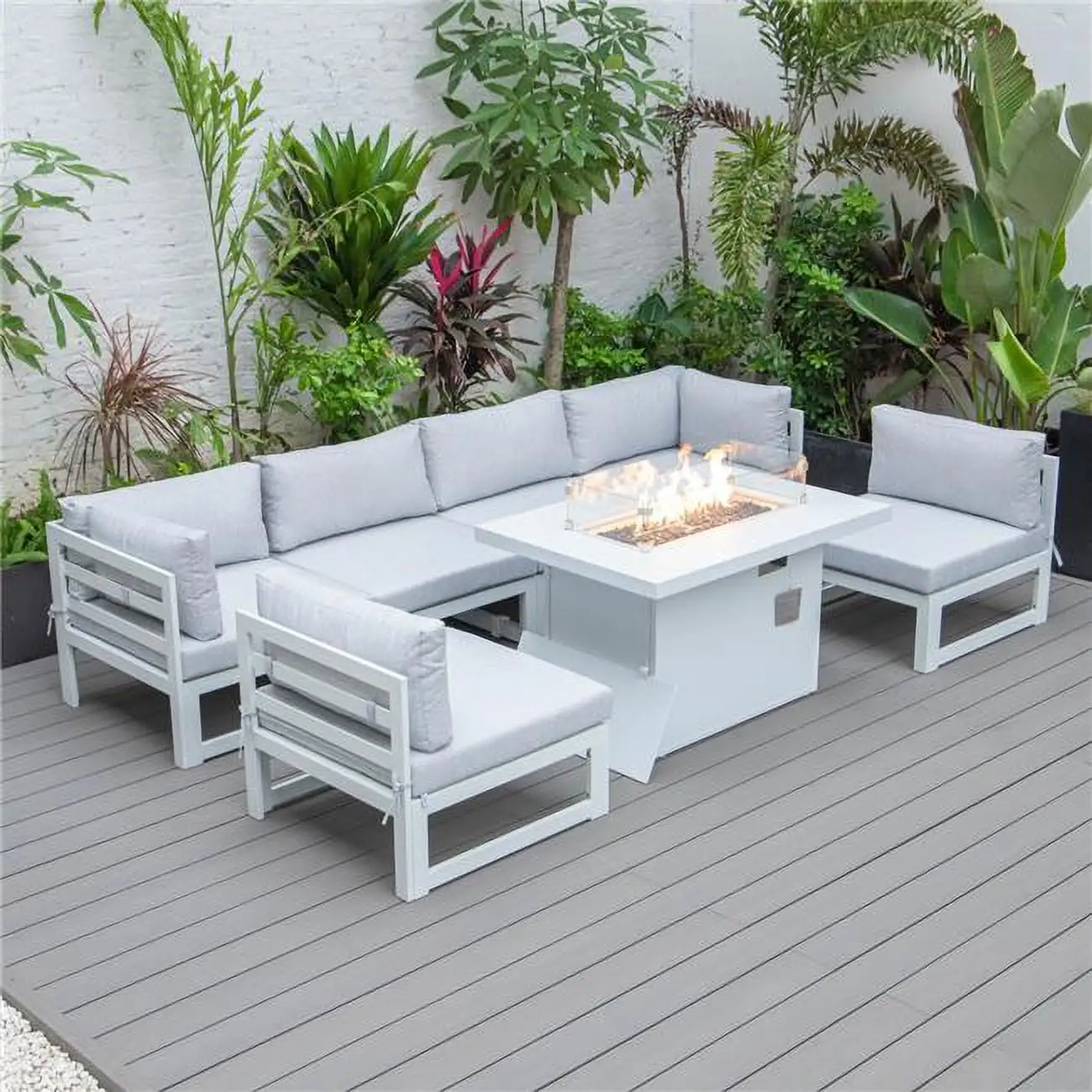 24.8 x 113.62 x 58.98 in. Chelsea Patio Aluminum Sectional & Fire Pit Table with Cushion. Light Grey & White - 7 Piece