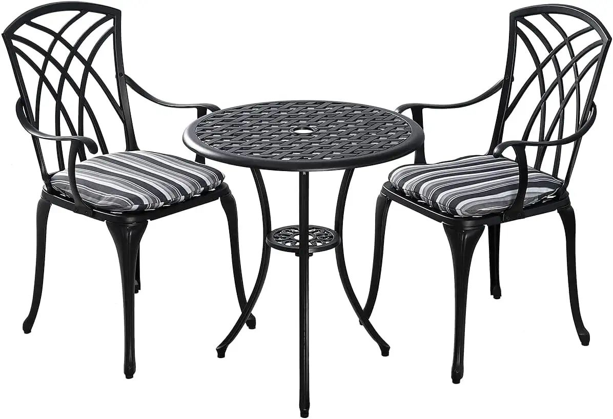 24-Inch 3-Piece Outdoor Patio Bistro Table and Chairs Set of 2. Cast Aluminum Patio Furniture with Cushion and Umbrella Hole. Black