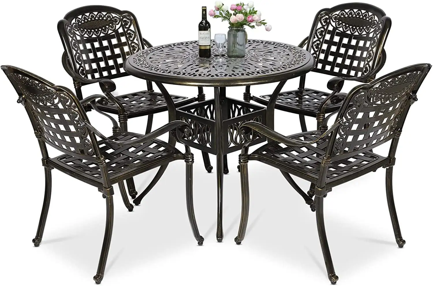 VIVIJASON 5-Piece Patio Furniture Dining Set. All-Weather Cast Aluminum Outdoor Conversation Set. Include 4 Chairs and a 35.2 Round Table w/Umbrella Hole for Balcony. Lawn. Garden. Backyard