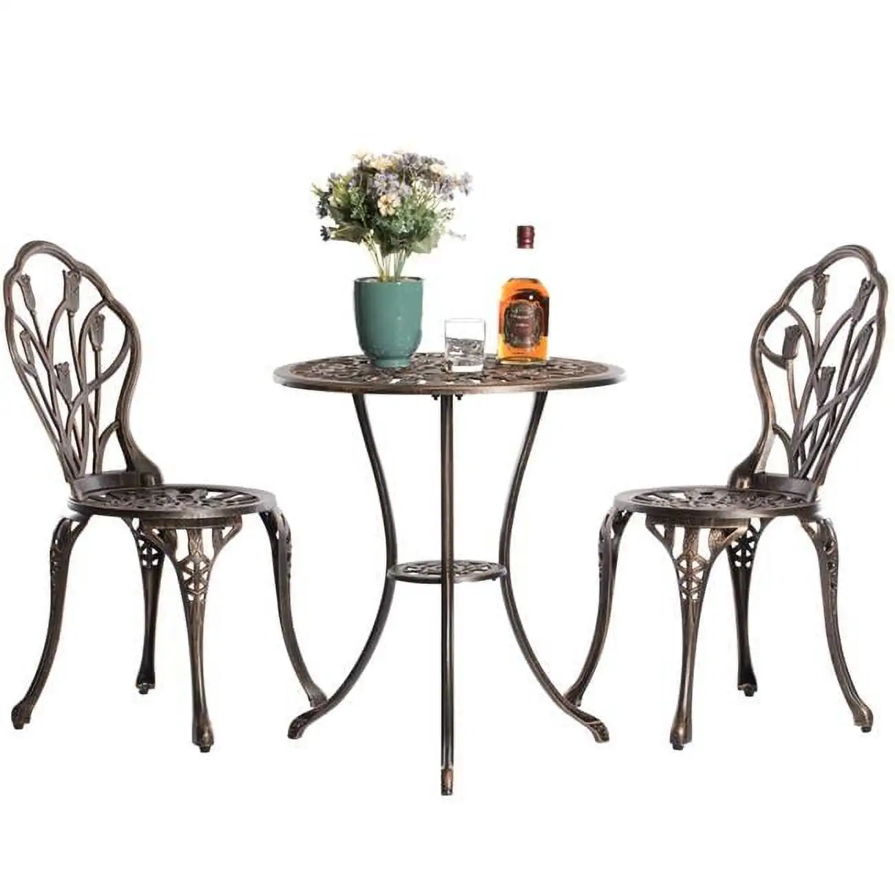 25 x 23.75 x 23.75 in. Indoor & Outdoor Bistro Patio Dinning Chairs with 1 Table. Bronze - Cast Aluminum - Set of 2