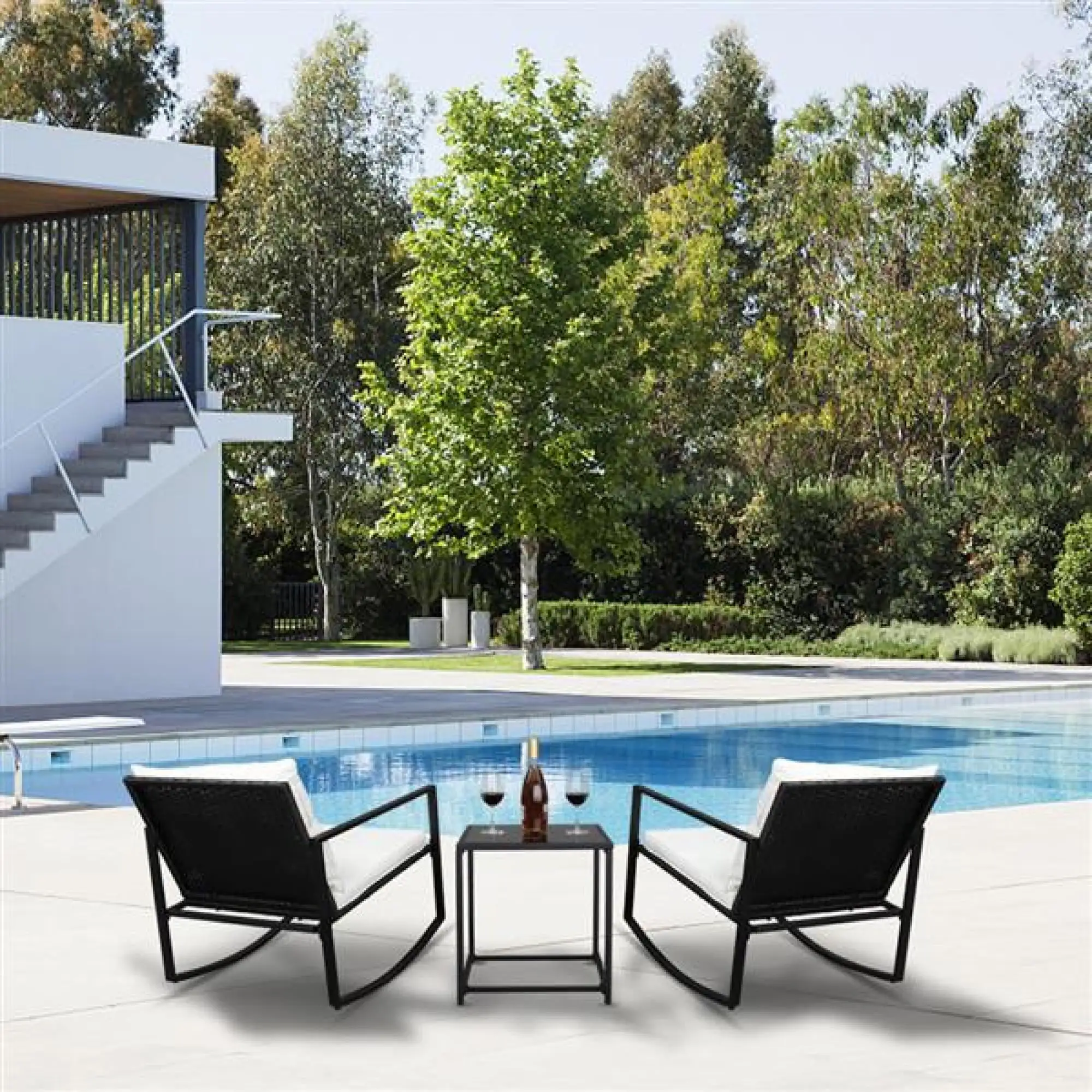 3 Pieces Bistro Set. Wicker Rattan Patio Furniture Set. 2 Chairs & Glass Table