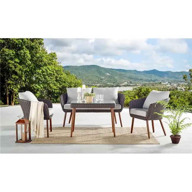 26 in. Athens All-Weather Wicker Outdoor Conversation Set with Cocktail Table. Chairs & Two-Seat Bench - Set of 2