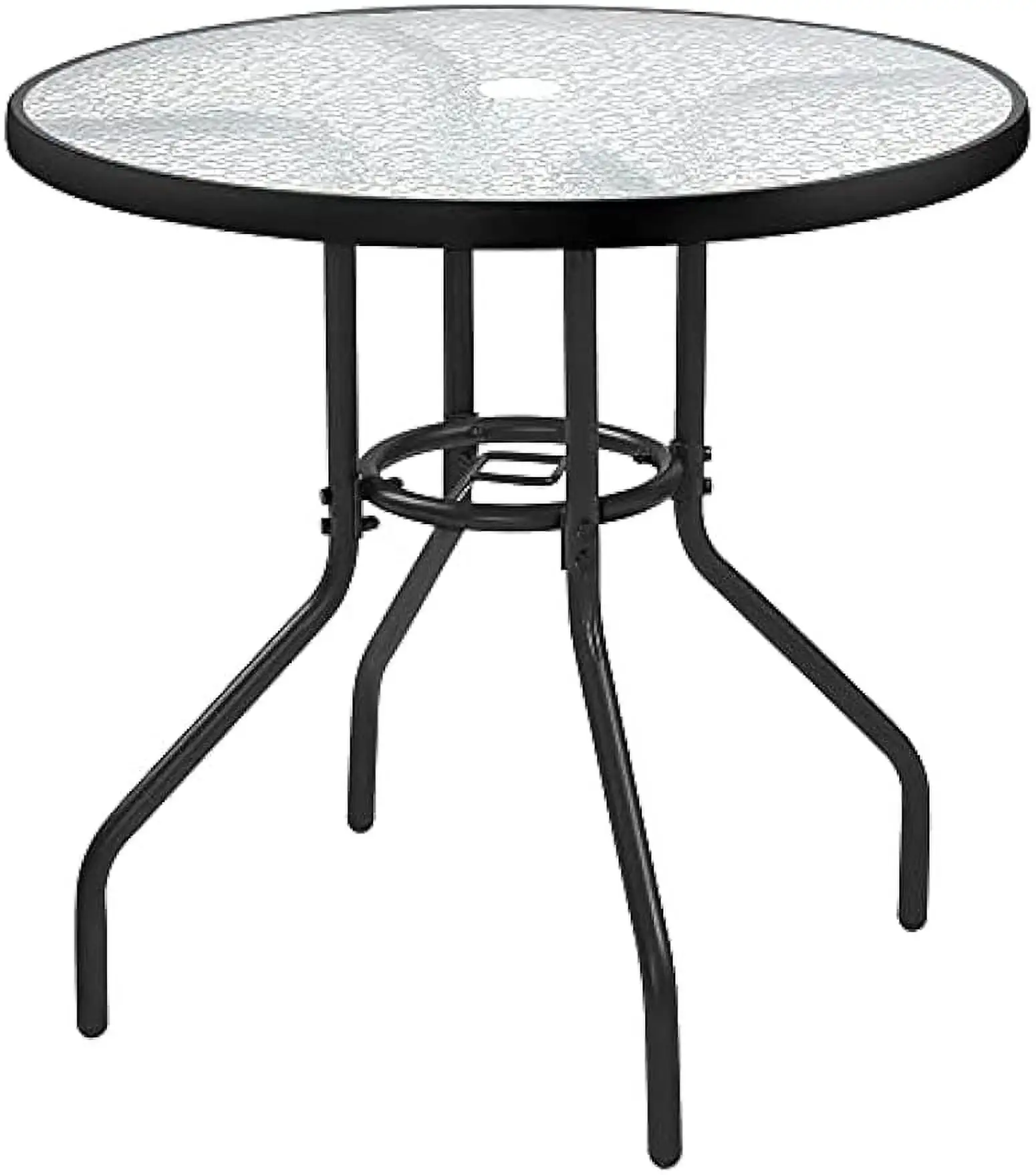 27.5'' Patio Bistro Table Round Outdoor Coffee Table. Round Tempered Glass Top with 1.7'' Umbrella Hole. Bistro Table with Iron Frame for Balcony Backyard Lawn and Garden