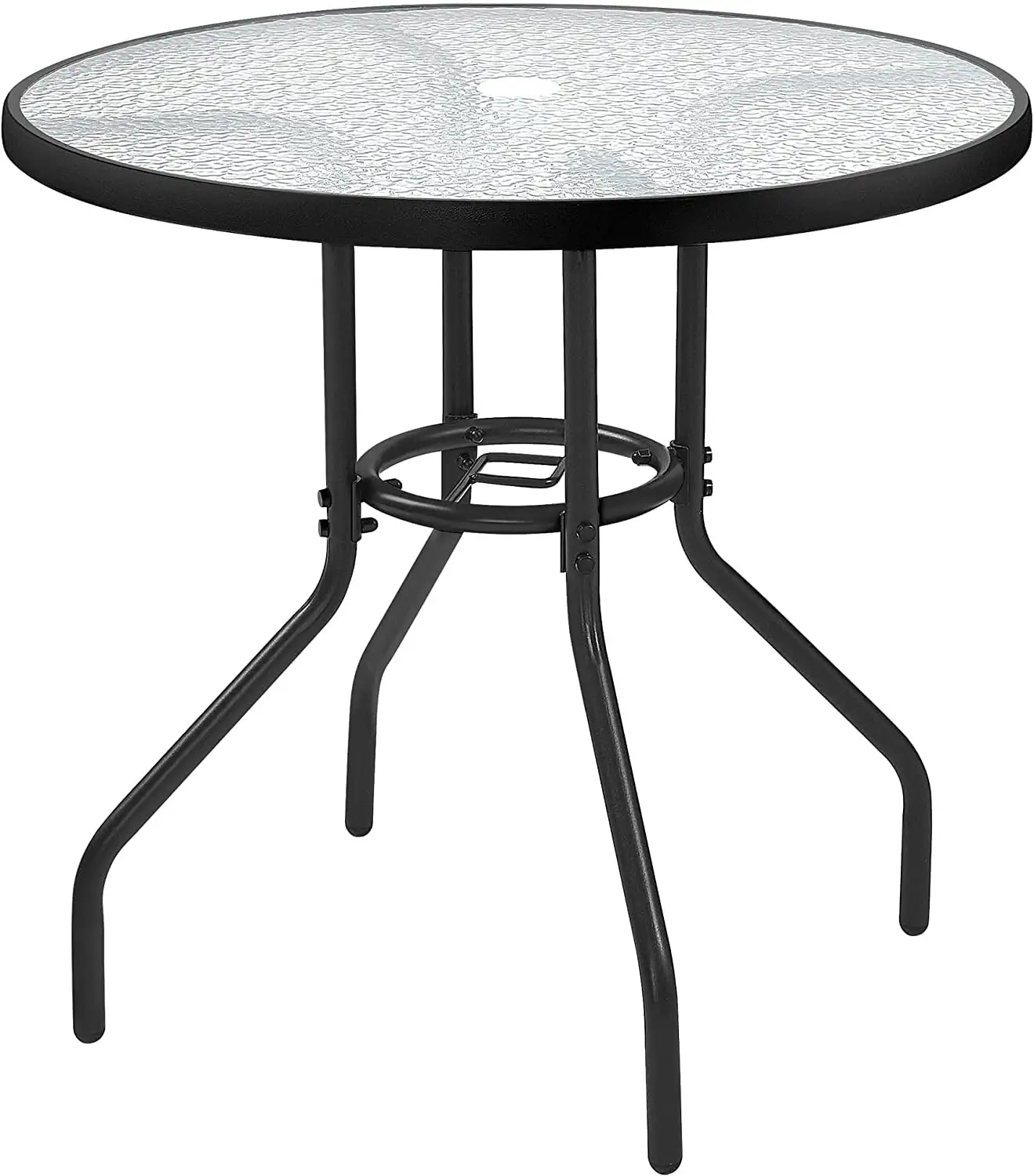 27.5'' Patio Bistro Table Round Outdoor Coffee Table. Round Tempered Glass Top with 1.7'' Umbrella Hole. Bistro Table with Iron Frame for Balcony Backyard Lawn and Garden