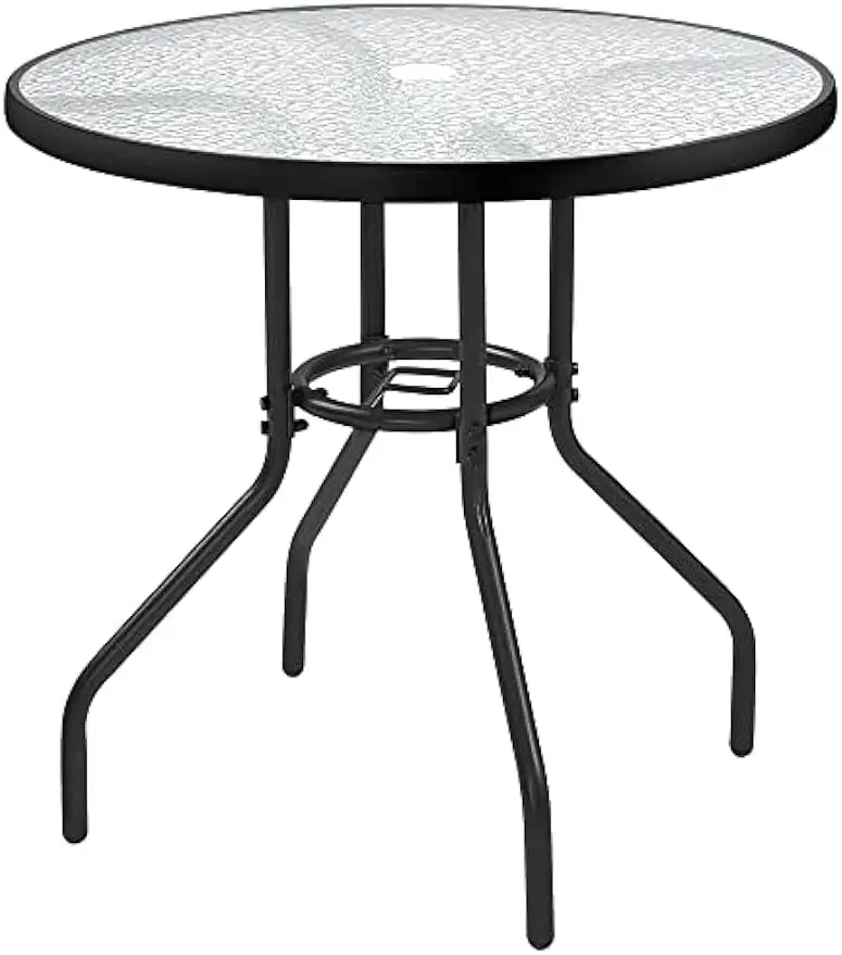 27.5'' Patio Bistro Table Round Outdoor Coffee Table. Round Tempered Glass Top with 1.7'' Umbrella Hole. Bistro Table with Iron Frame for Balcony Backyard Lawn and Garden