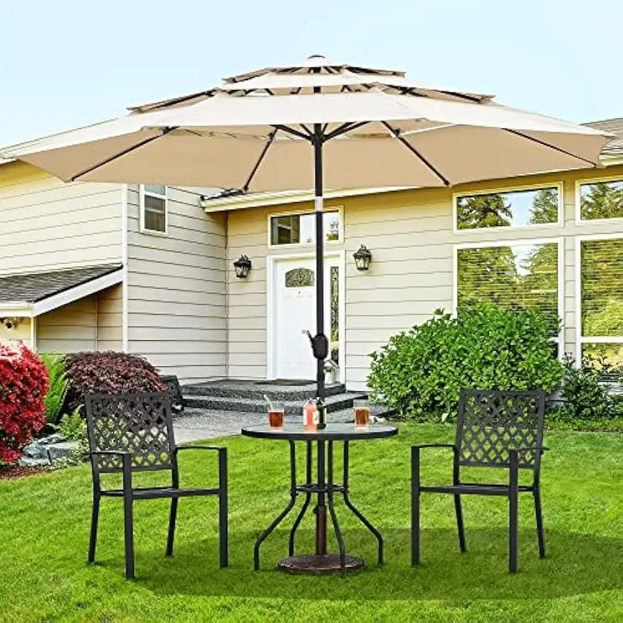 27.5'' Patio Bistro Table Round Outdoor Coffee Table. Round Tempered Glass Top with 1.7'' Umbrella Hole. Bistro Table with Iron Frame for Balcony Backyard Lawn and Garden