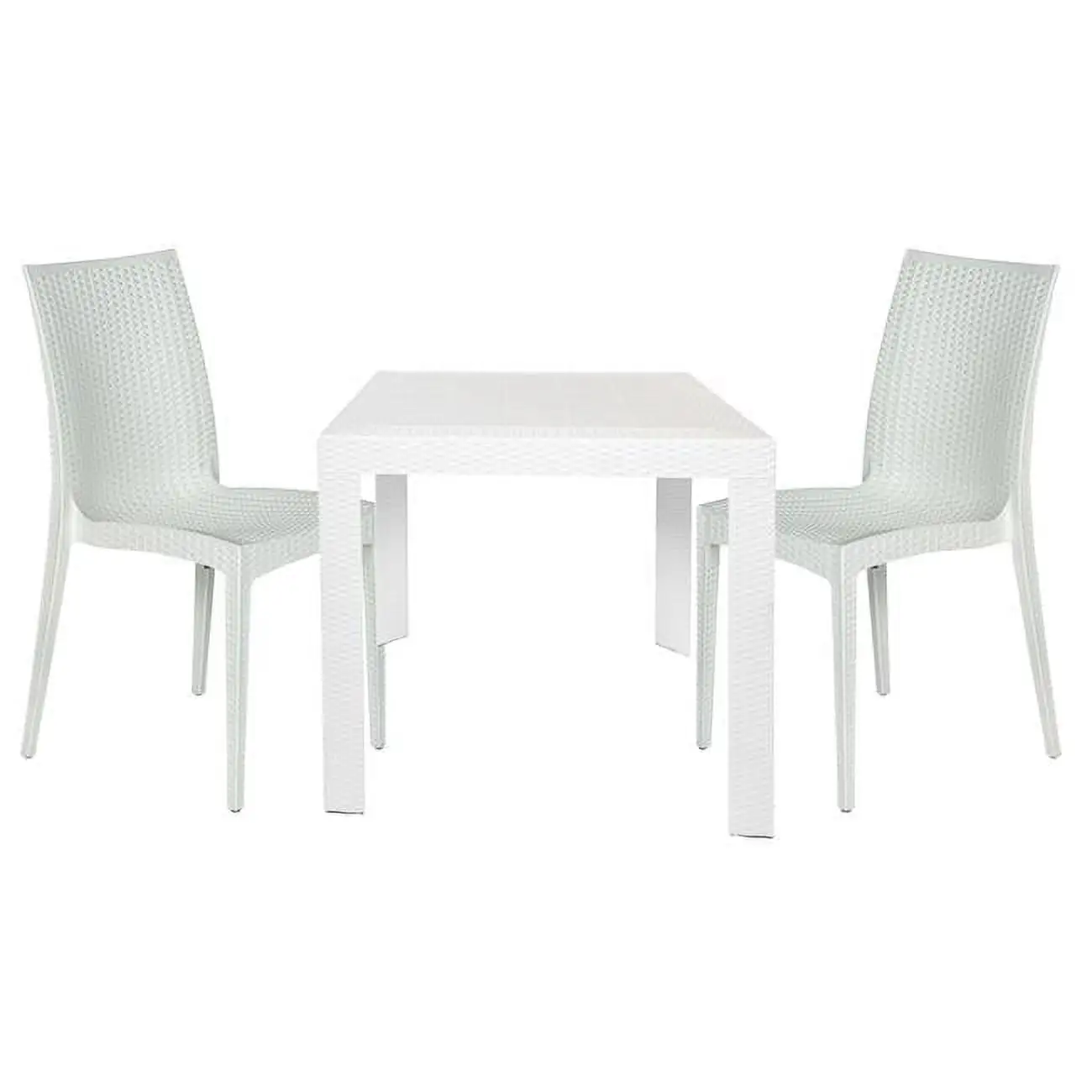 28 x 31 x 31 in. Mace 3 Piece Outdoor Dining Set with Plastic Square Table & 2 Stackable Chair with Weave Design. White