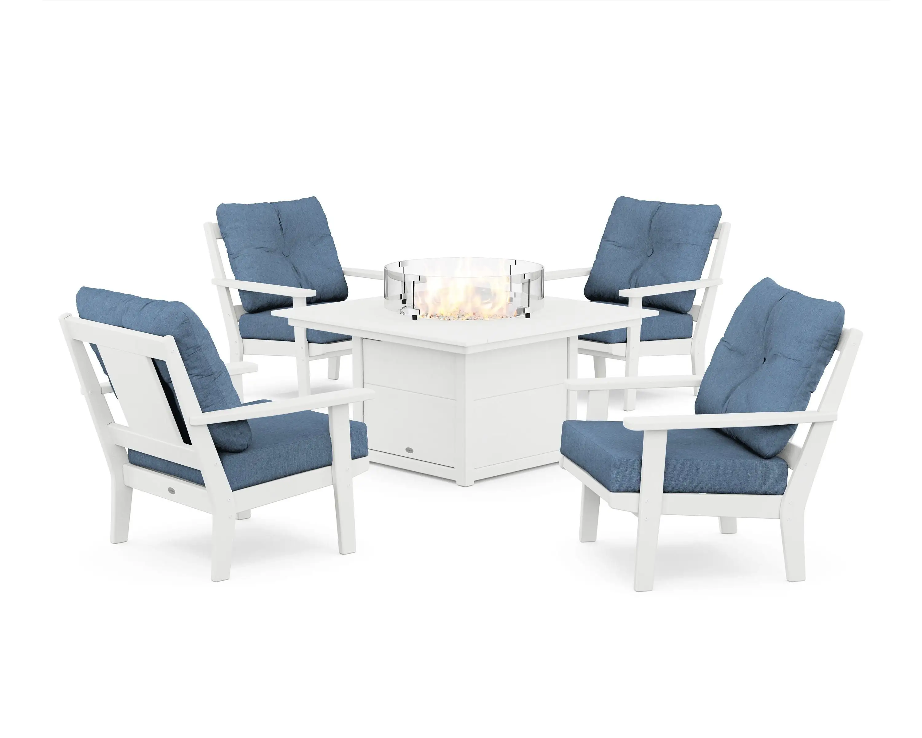 POLYWOOD? Prairie 5-Piece Deep Seating Set with Fire Pit Table in White / Sky Blue