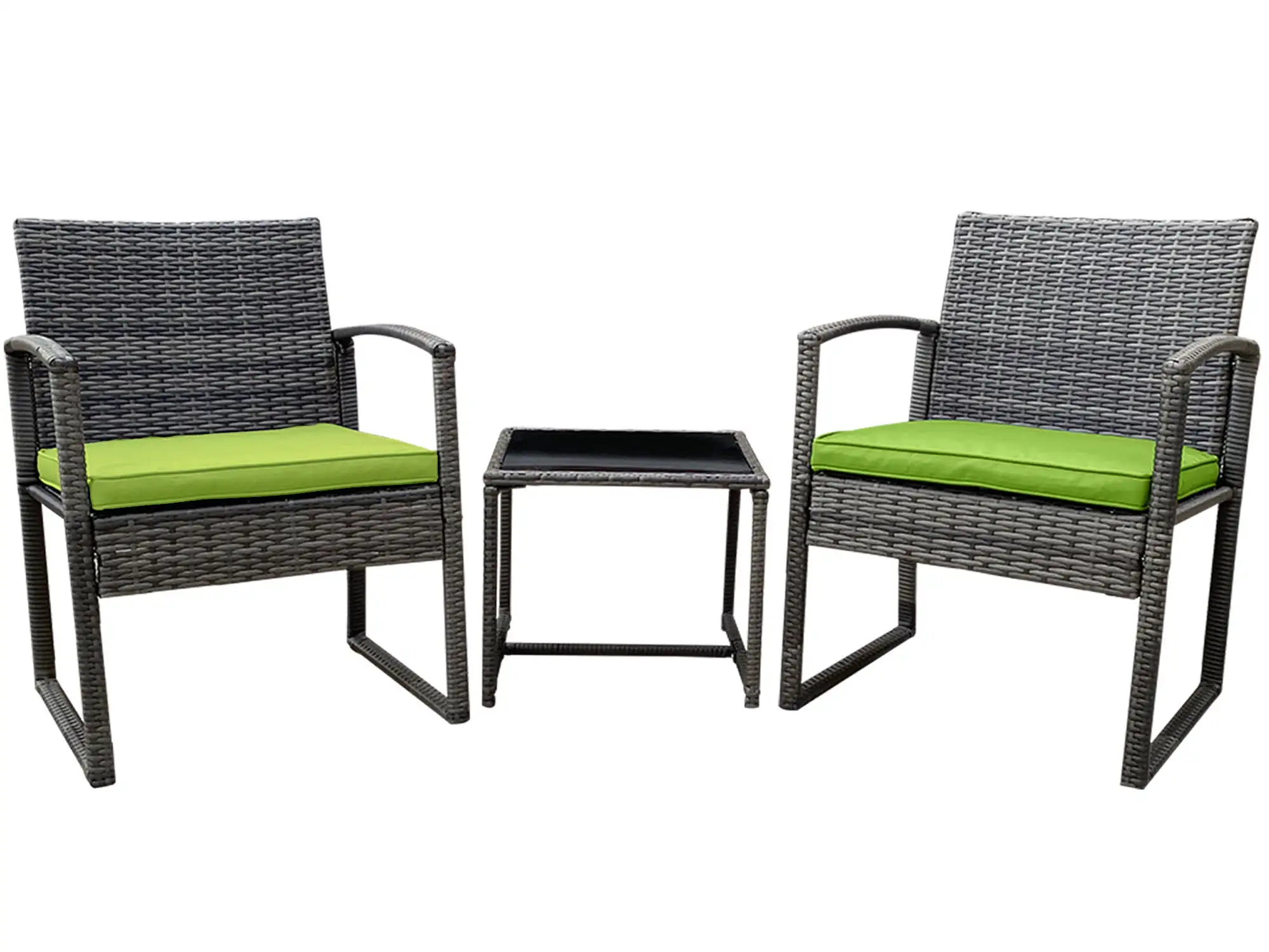 Zeno 3-Piece Rattan Bistro Furniture Set -Two Sturdy Chairs With Glass Outdoor Garden Coffee Table- Green