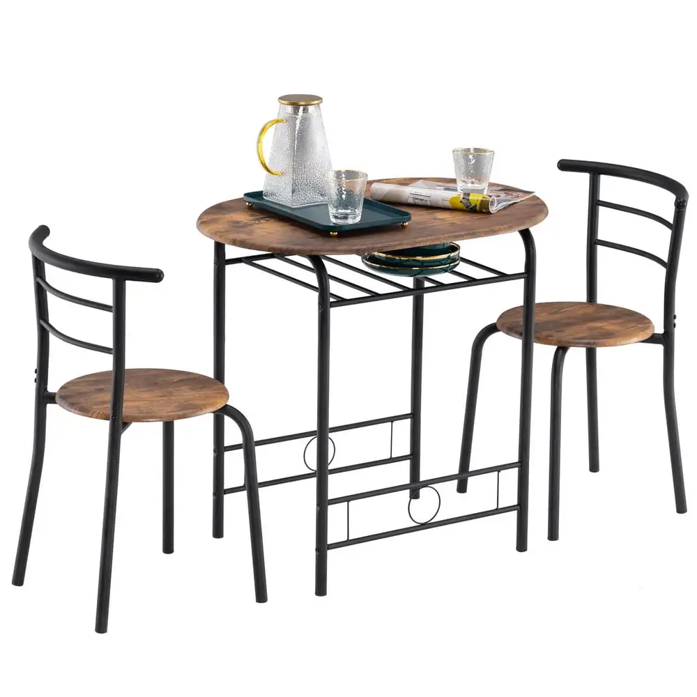 3 PCS Bistro Table Set. Metal Small Kitchen Table Set for 2. Dining Table and Chairs Set. Black-brown