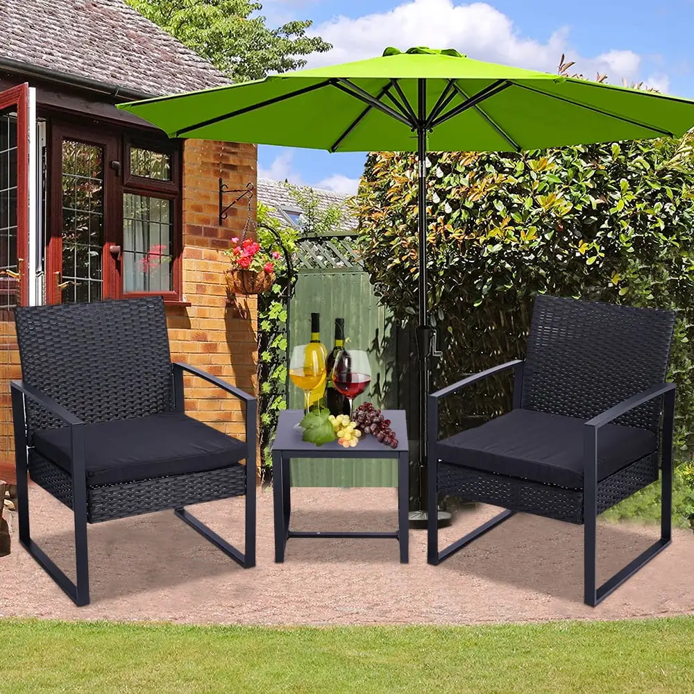 3 Pcs Outdoor Patio Chair. Bistro Furniture Set. Outdoor Durable Rattan Conversation Set. Modern Bistro Table Set with Coffee Table & Waterproof Cushion. Patio Bistro Set for Garden Balcony Deck. T184