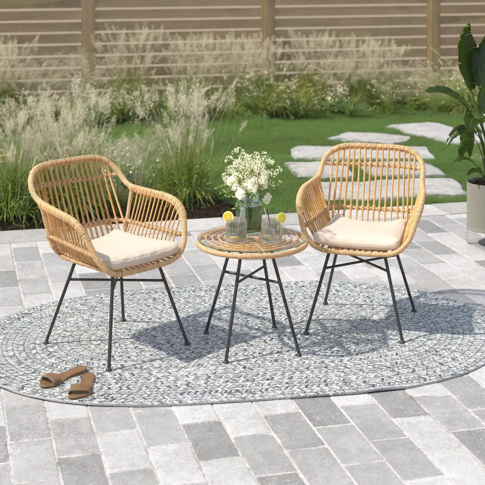 3 PCS Outdoor Patio Furniture Rattan Wicker Table and Chairs Set with Cushioned Tempered Glass