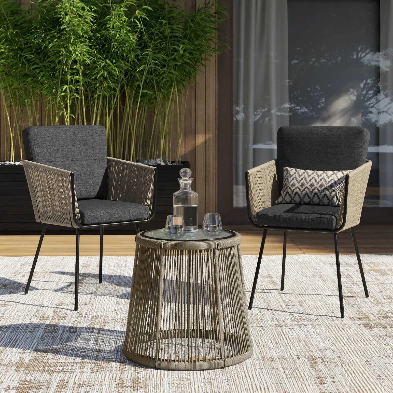 3 PCS Outdoor Patio Set Rattan Wicker Patio Chat Chairs & Table Bistro Seating Cushion Set. Grey