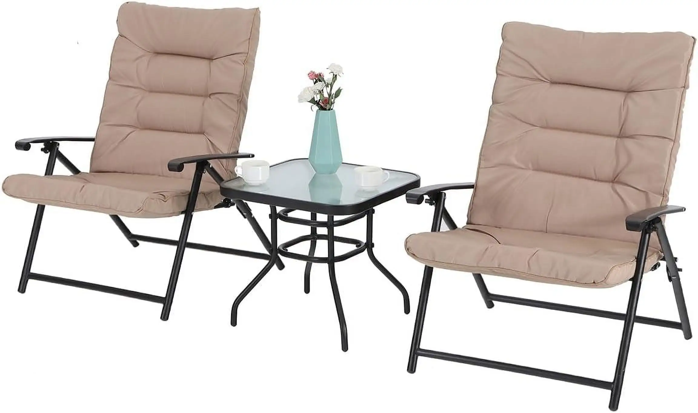 3 PCS Patio Bistro Set Outdoor Furniture Folding Chairs Set with Beige Cushions. 2 Adjustable Reclining Chairs & 1 Tempered Glass Coffee Table