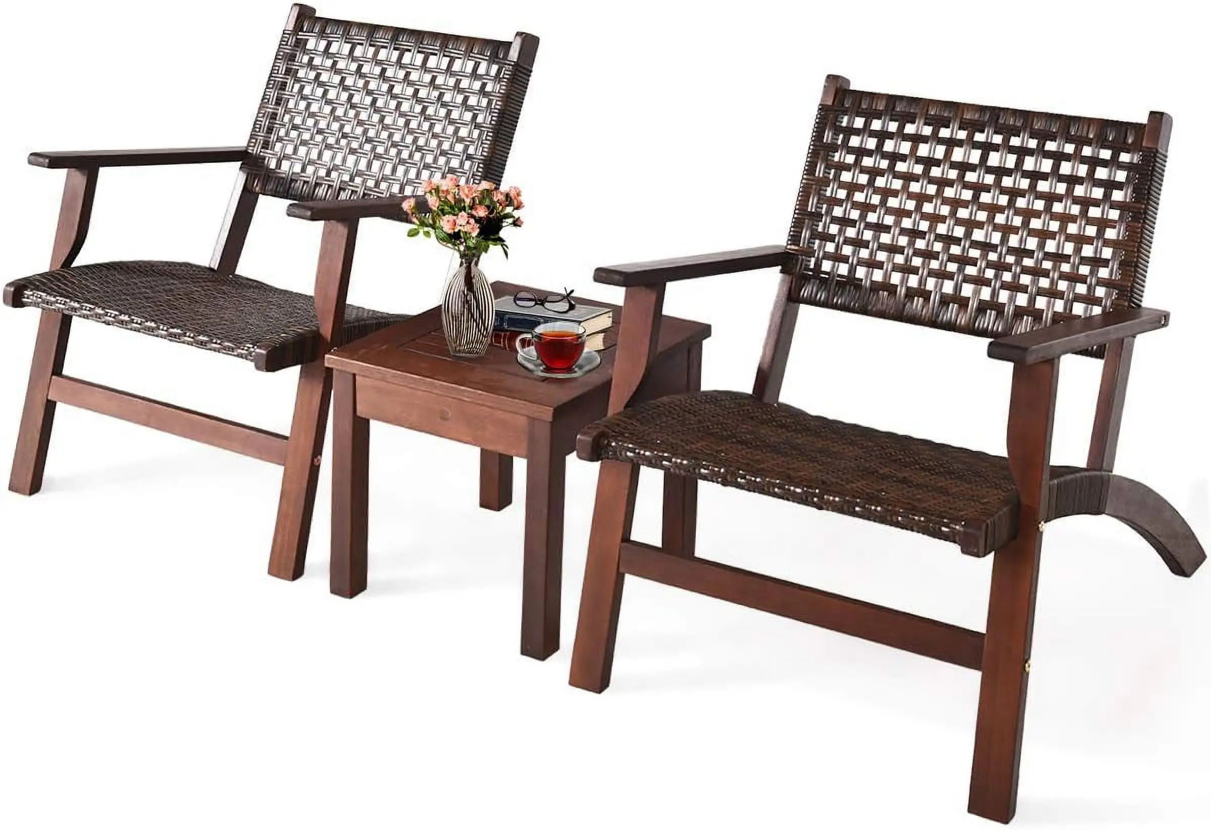 3 PCS Patio Conversation Set Solid Eucalyptus Wood Frame Outdoor Wicker Set Bistro Set with Coffee Table Rattan Set for Backyard Porch Garden Poolside Balcony (Brown)