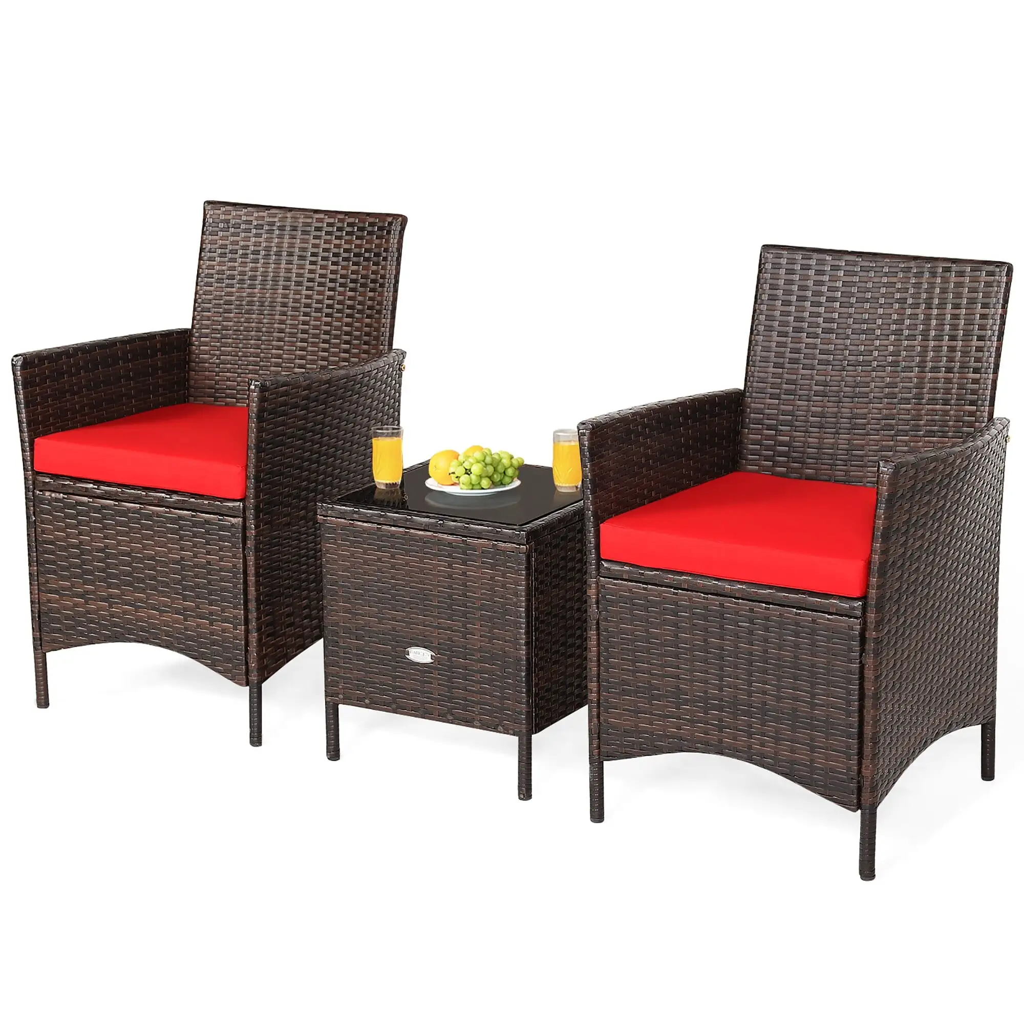 3 PCS Patio Conversation Set Wicker Chair Set with Glass Coffee Table Red